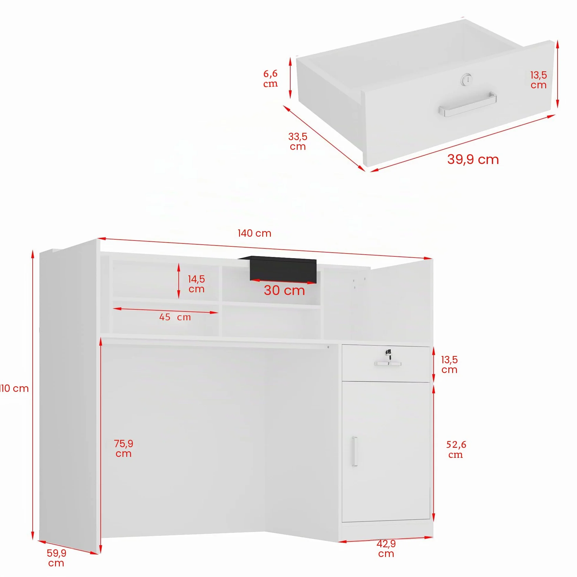 Banco di reception, banchi di reception, banchi di ricevimento, bancone con cassetti e armadi chiudibili, bancone con ripiani aperti regolabili, 140 x 60 x 110 cm, MDF