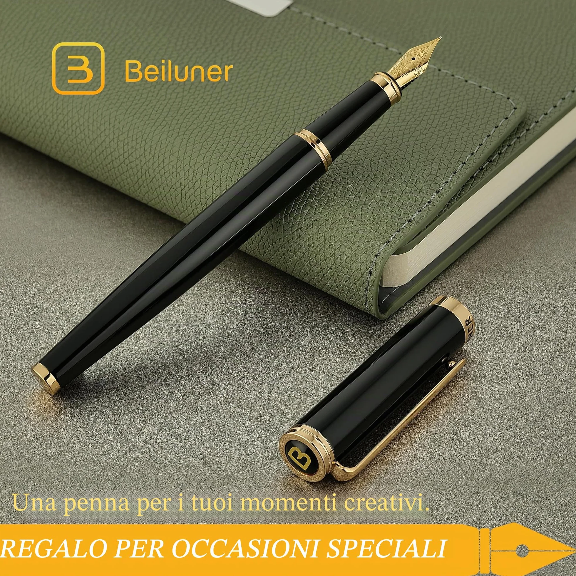 BEILUNER Penna Stilografica di Lusso, Finitura Laccata con Fregi e Pennino Dorati 24K, Regalo Affidabile con Convertitore per Lui e Lei, Penna Elegante - Nero & Oro, Pennino Fine