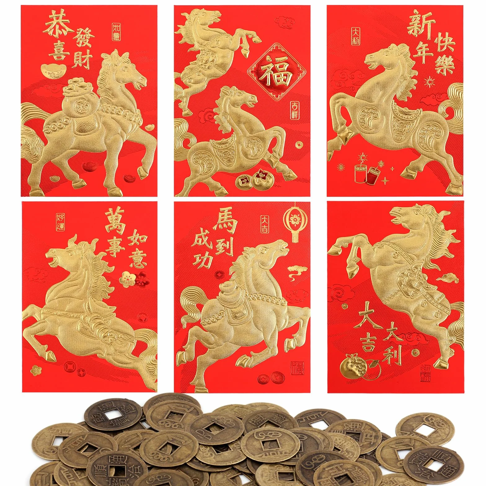 Buste Rosse per Capodanno Cinese 2026 Feng Shui 11,5x8cm 36pz con 50pz Monete Cinesi (6 Stili)