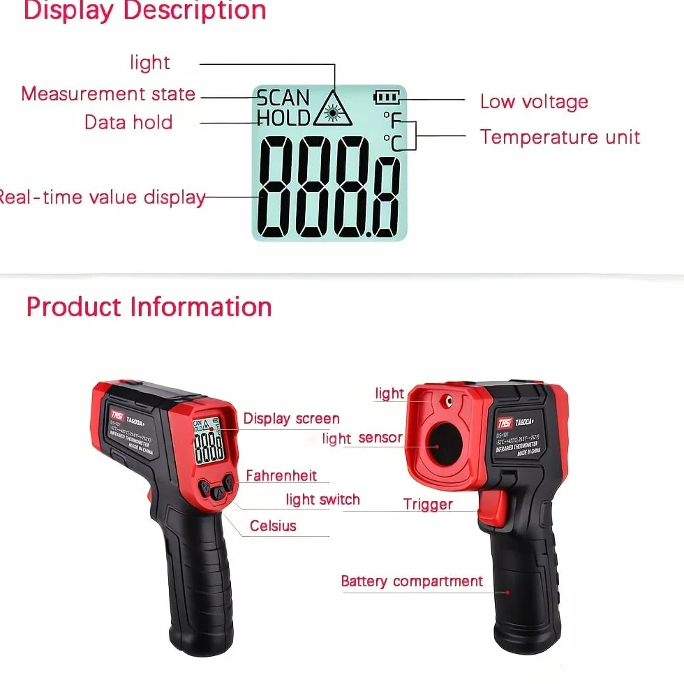 Termometro a Infrarossi Digitale Laser Senza Contatto -37°F ~ 1022°F (-32°C ~ 550°C) Emissività Regolabile per Cucina Pizza Forno BBQ
