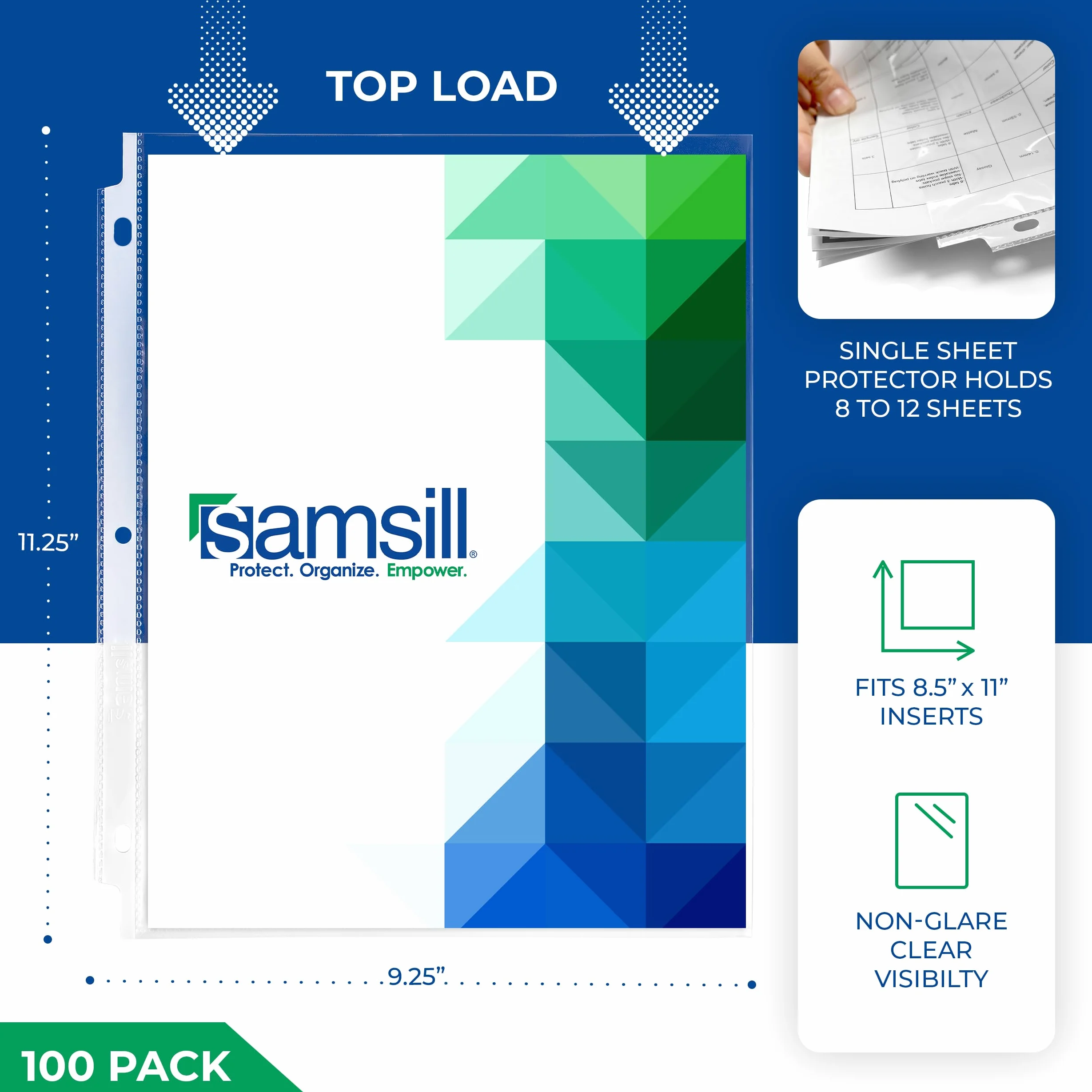 Samsill 100 Non-Glare Standard Weight Sheet Protectors, Reinforced 3 Hole Design Plastic Page Protectors, Archival Safe, Top Load for 8.5 x 11 Inch Sheets, Box of 100