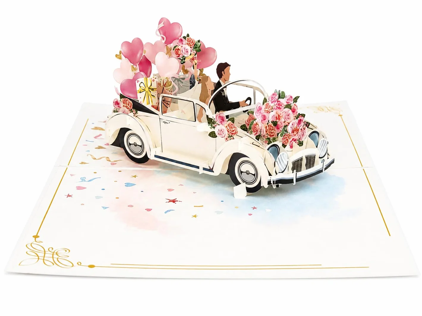 Biglietto di auguri pop-up 3D per matrimonio – Auto con sposi e palloncini – 13 x 18 cm con busta