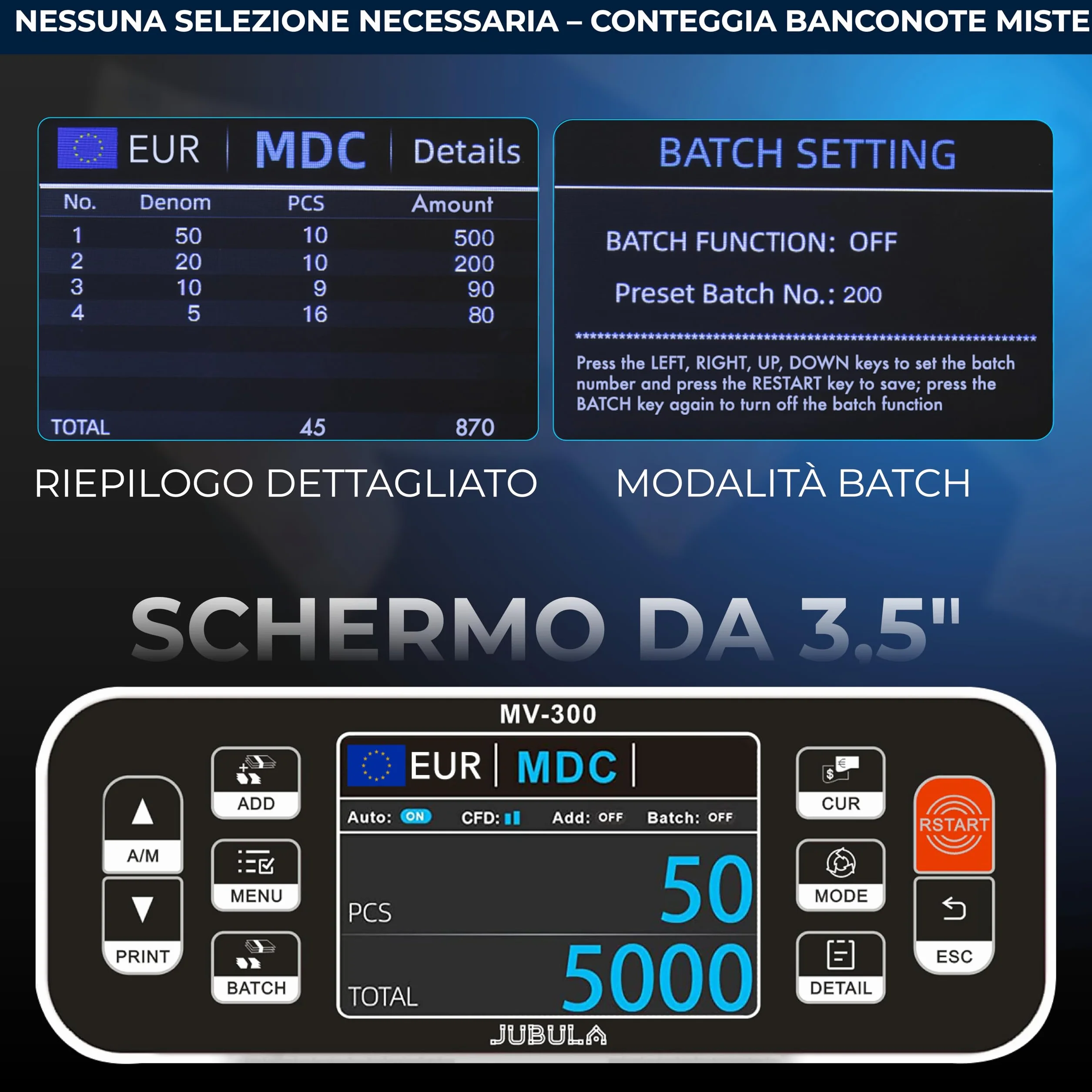 MV-300 Macchina conta banconote professionale a denominazione mista | EUR, USD, GBP | Verifica banconote | Macchina conta soldi | Contabanconote professionale miste | Contasoldi