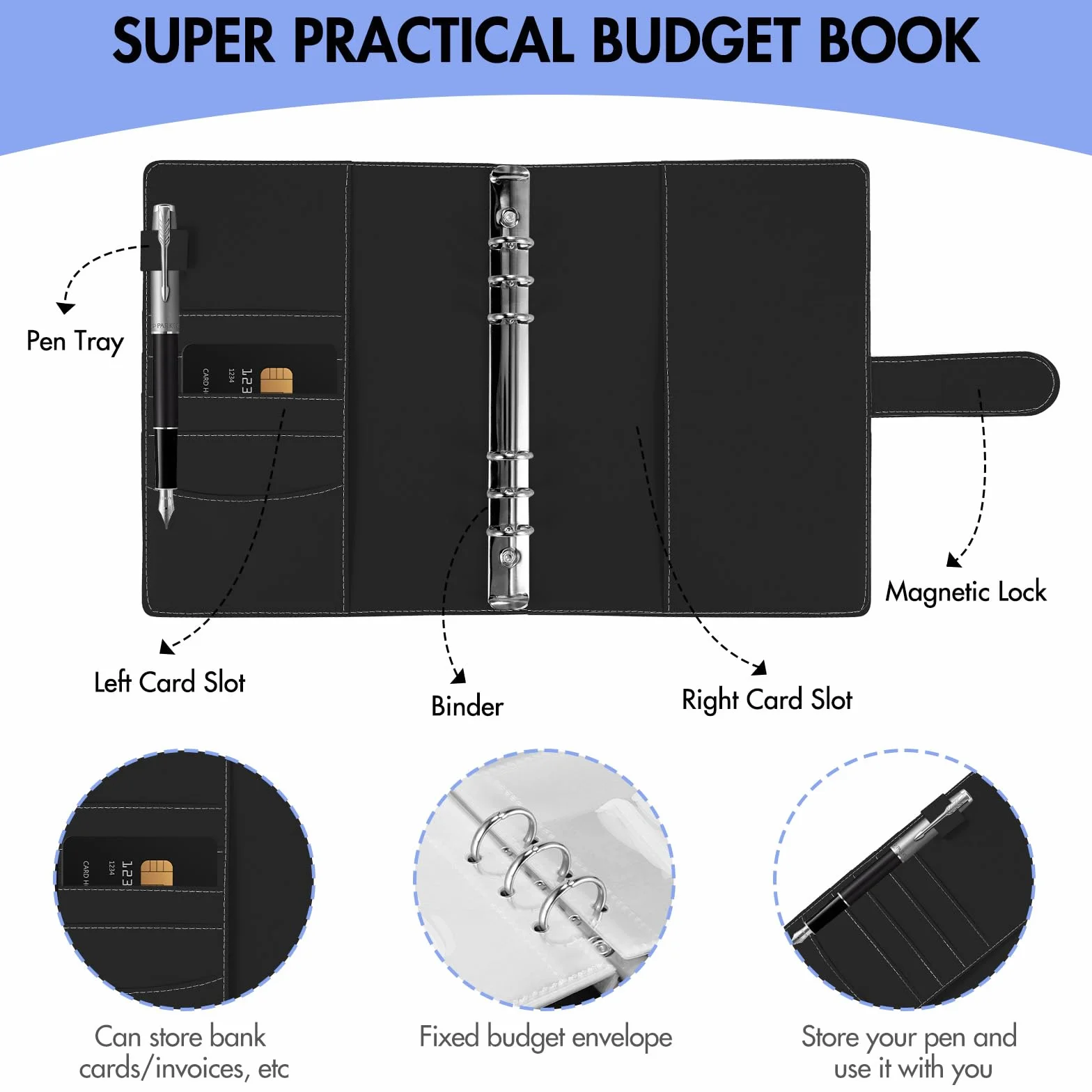 ALLOMN Raccoglitore Sfida 100 Buste A5 z Pulsante Magnetico, Organizer Budget dla Par i Biura (Nero)