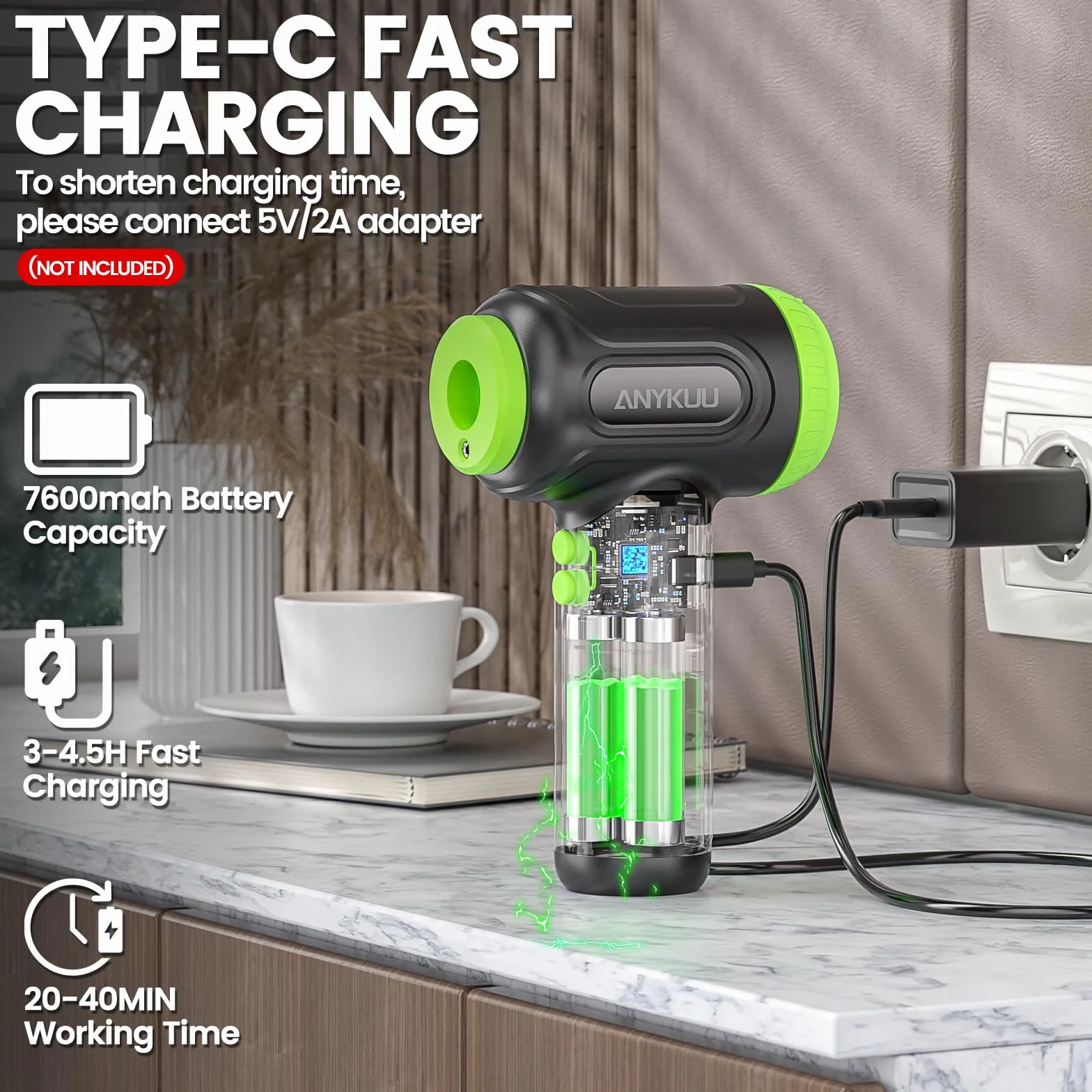 Anykuu Soffiatore elettrico polvere 91000 RMP 80W 3 marce Spolverino aria compressa potente batteria ricaricabile 7600 mAh tastiera/PC/auto/ufficio