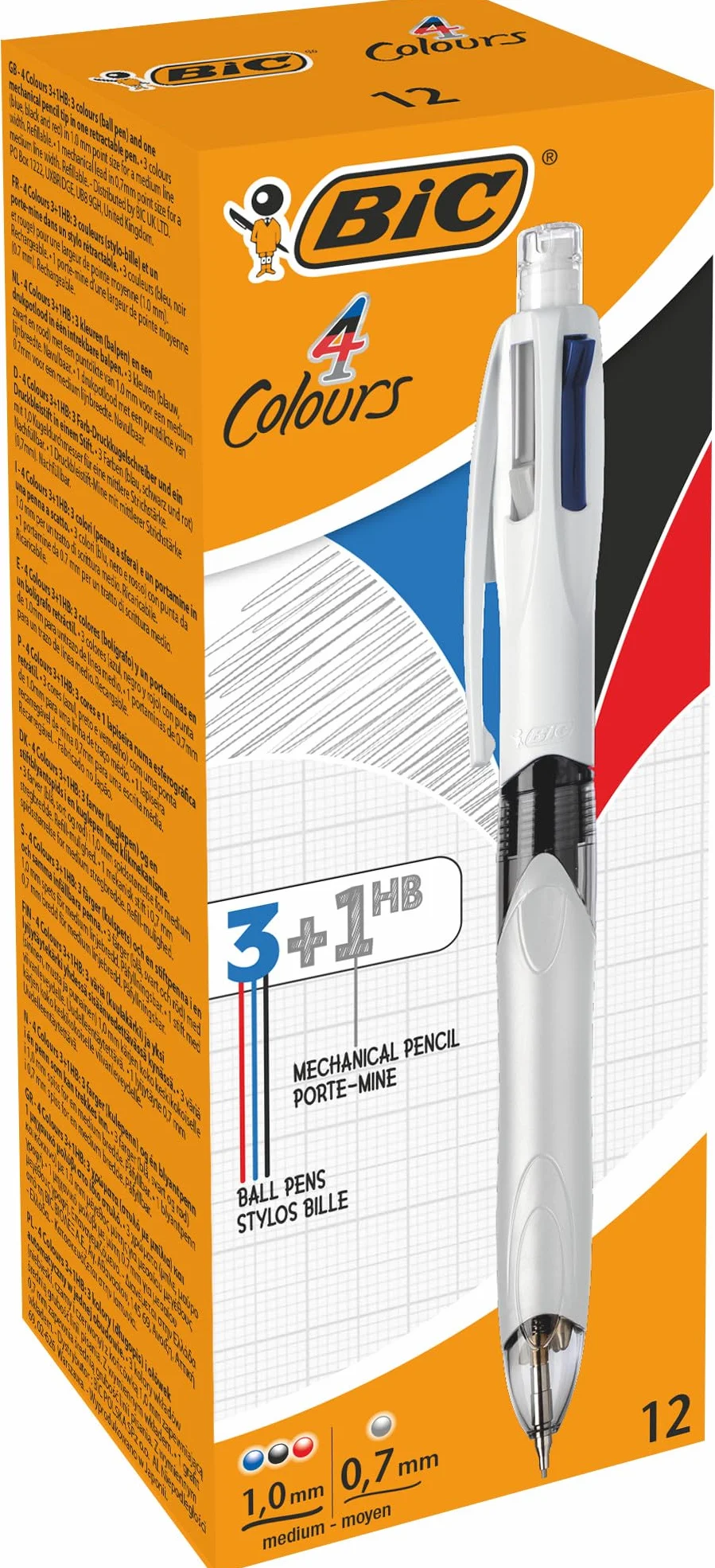 BIC 4 Colori Penne Multicolore con Matita Grafite, Set 12 Penne a Sfera a Scatto con 3 inchiostri e Matita Meccanica HB