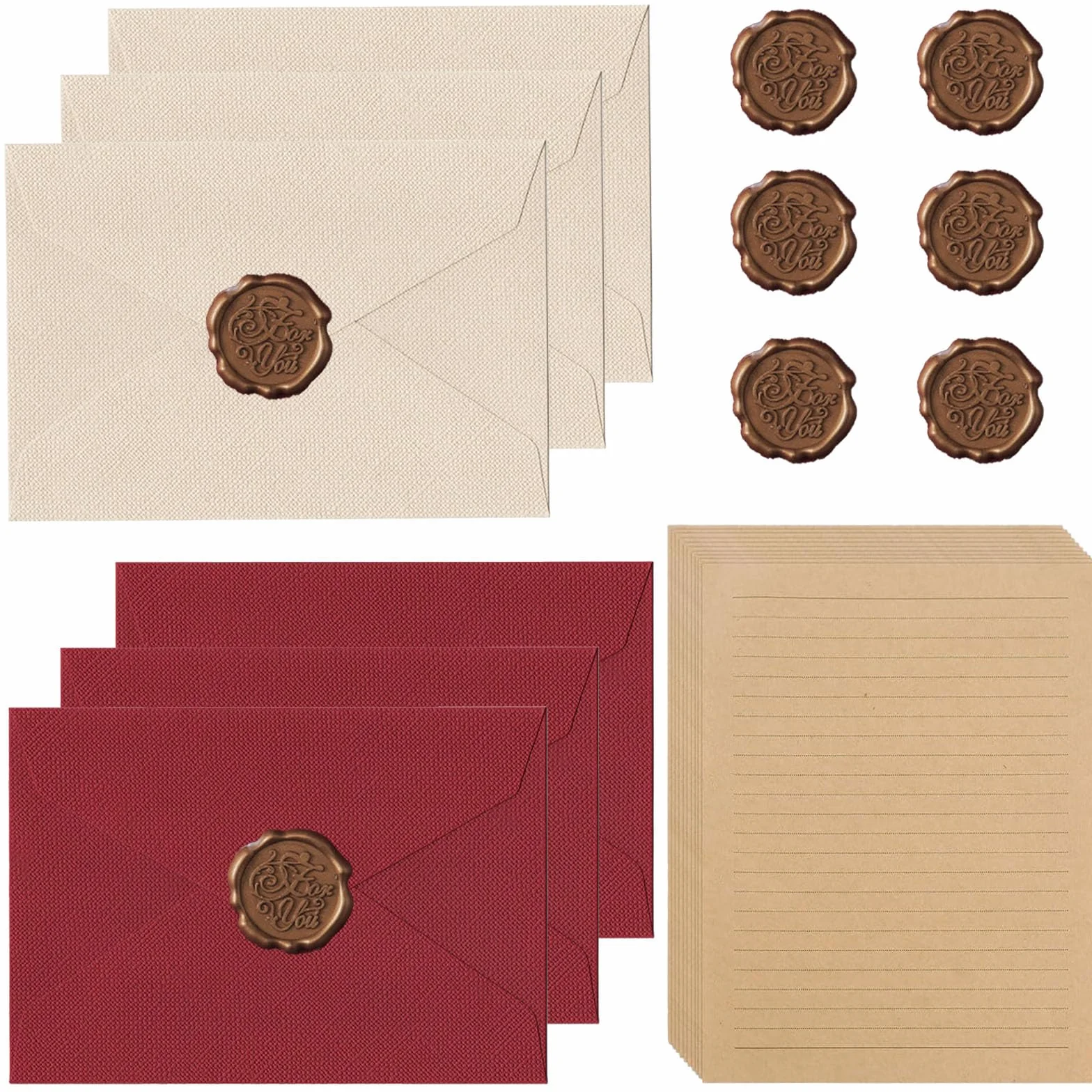 Set di 22 pezzi carta da lettere vintage A5 con 6 buste in lino e sigilli di cera per inviti nozze