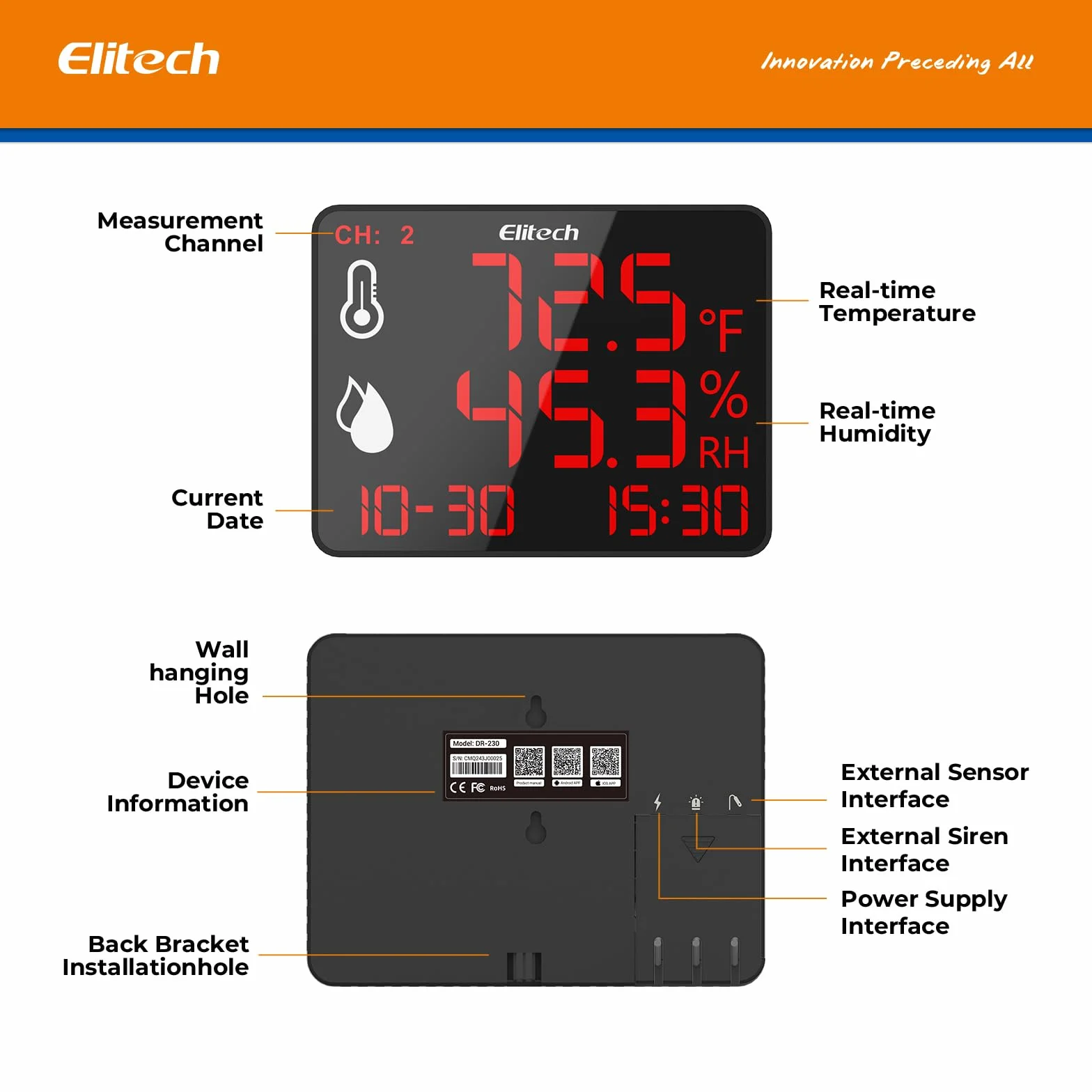 Elitech DR-230-THDE Termometro Igrometro Digitale con Doppia Sonda Esterna 2x2m Bluetooth 30000 Punti