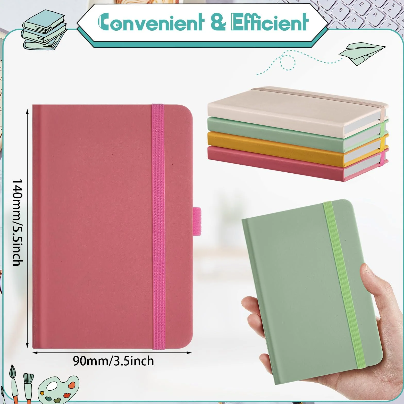 Laumoi 12 piccoli quaderni tascabili A6, 8,9 x 14 cm, in pelle, a righe, con fascia elastica, portapenne, nastri segnalibro (colori vivaci)