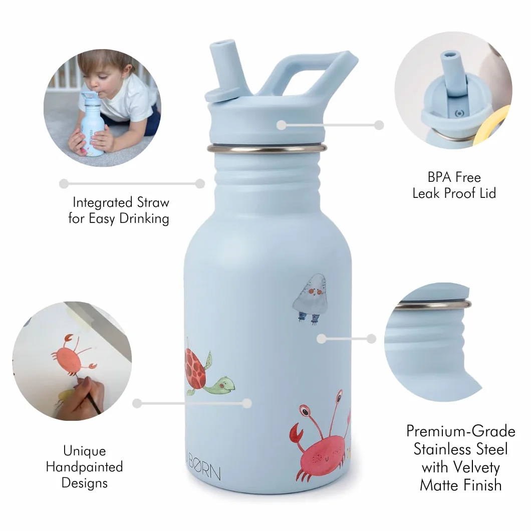 J.Børn Butelka personalizowana ze słomką dla dzieci 350 ml stal nierdzewna
