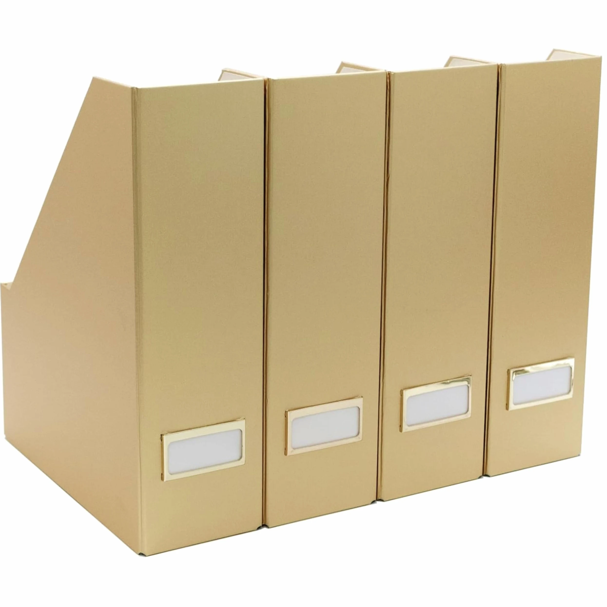Blu Monaco Portariviste Pieghevole in Oro con Porta Etichette Oro - Set di 4 scatole Porta riviste in Cartone - Accessori da scrivania Dorati