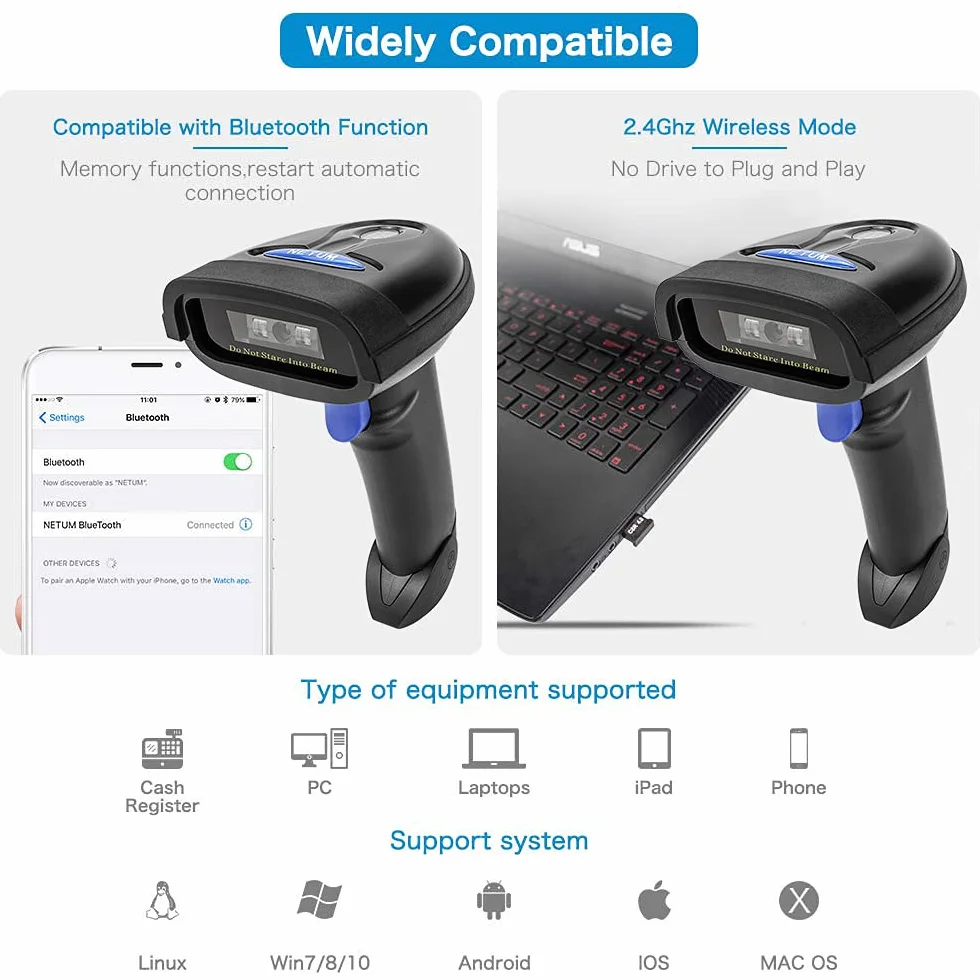 NETUM NT-1228BC CCD Scanner di Codici a Barre Palmare USB Wireless Bluetooth Cablato Imager di Codici a Barre 1D per Pagamento Mobile Supporto per la Scansione Dello Schermo del Computer IOS e Android