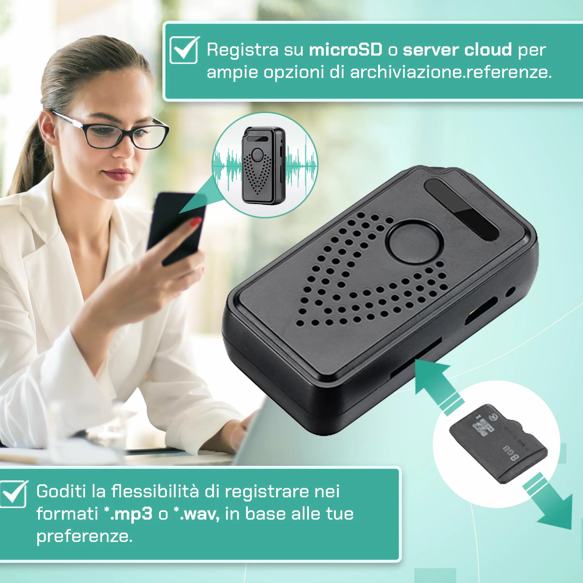 Registratore Vocale Attivato tramite Internet-WiFi, Controllo illimitato della distanza Registratore Vocale Audio, Microfono Audio Cimice a Distanza