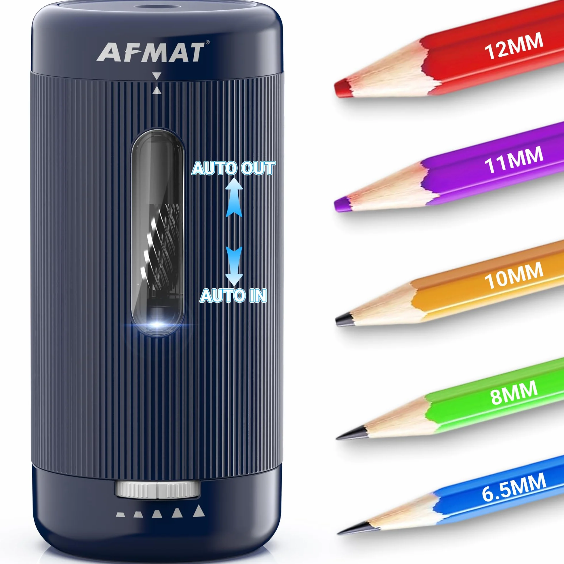 AFMAT Temperamatite elettrico con supporto, ricaricabile, temperamatite automatico, spessore e penne sottili, 6,5-12 mm, pennarelli per artisti, arresto automatico a mano, per studenti, insegnanti