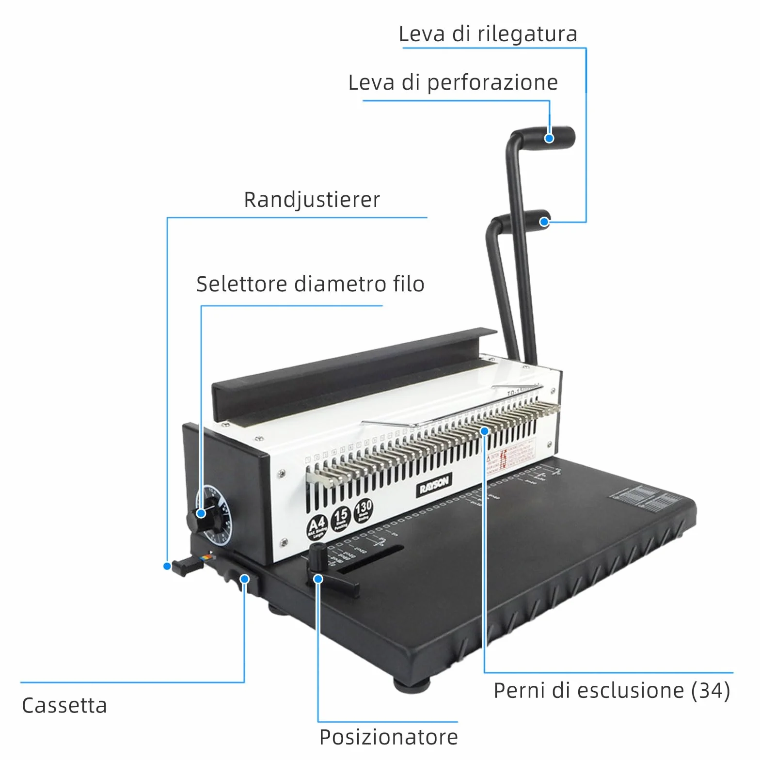 RAYSON TD-1500B34 Rilegatrice Spirale Metallica, 34 Fori, 130 Fogli, Robusta Struttura