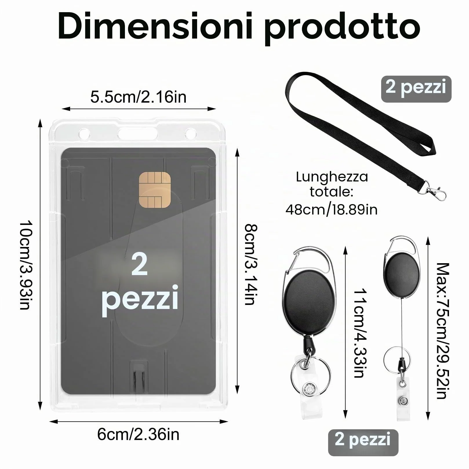 Porta Badge Retrattile con Cinturino, Portabadge Collo, Porta Tessere Custodie Trasparenti con Portachiavi Allungabile Filo Acciaio, 2 Set