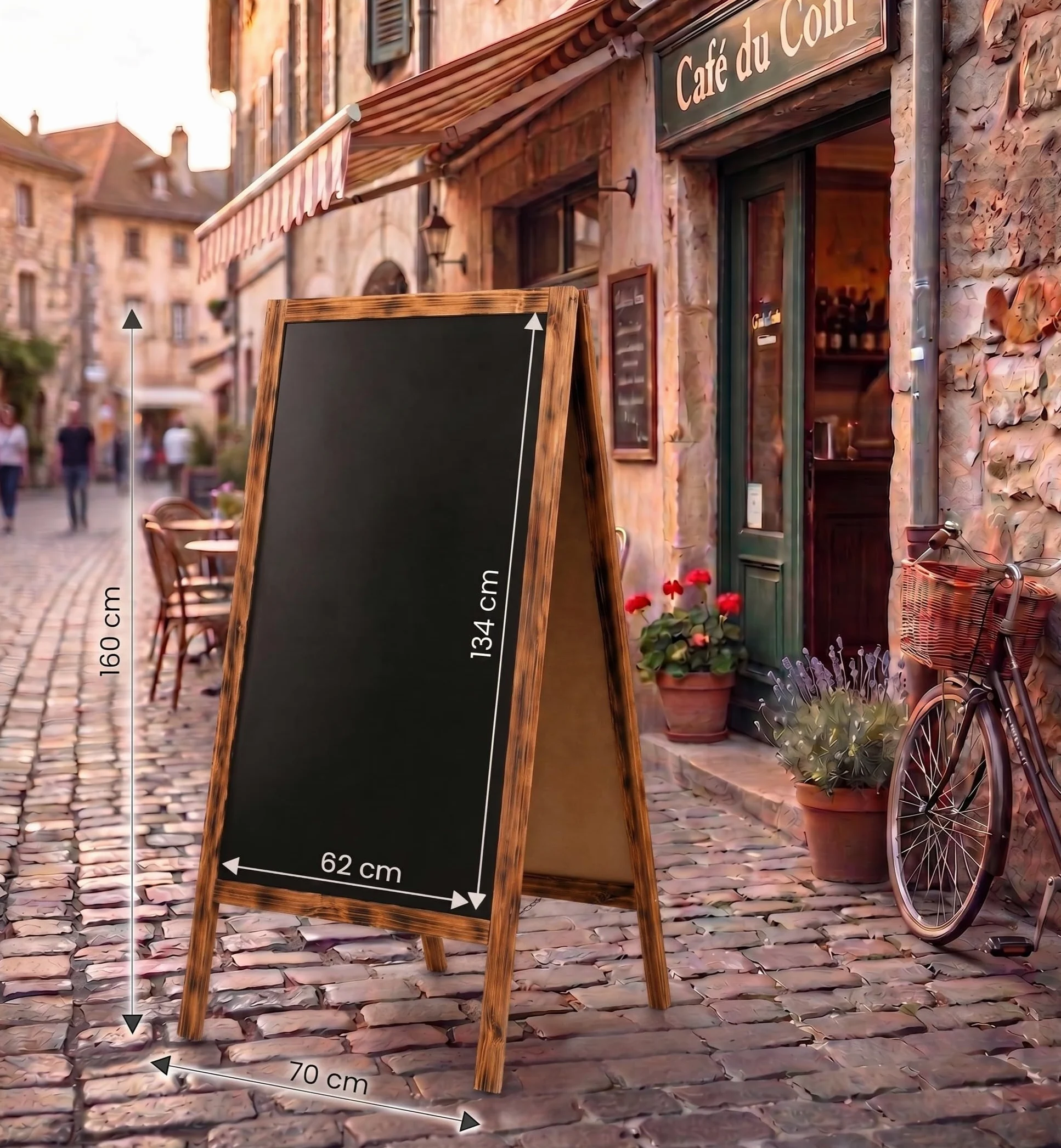 VELORA H&L Lavagna da Esterno 70 x 160 cm Legno Bruciato – Lavagna Bifacciale in Legno con Cavalletto per Ristorante Bar e Negozio, Lavagna Menu Pieghevole, Cavalletto Pubblicitario