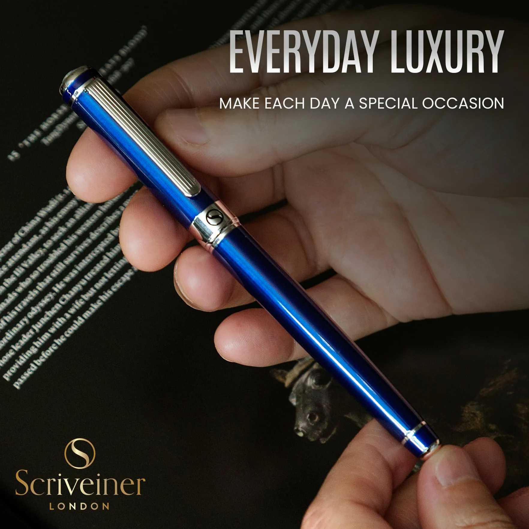 Scriveiner Midnight Blue Rollerball Pen, Laccata Blu Notte, Decori Cromati, Refill