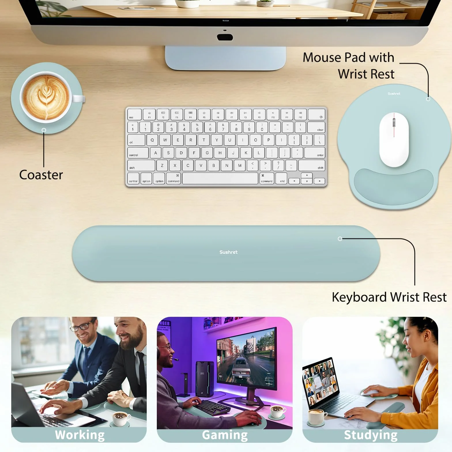 Sushret Tappetino Mouse e Poggiapolsi per Tastiera, Set Ergonomico 3-in-1 in Gel Memory Foam con Supporto per Braccio, Accessori da Scrivania per Computer, Gaming e Ufficio