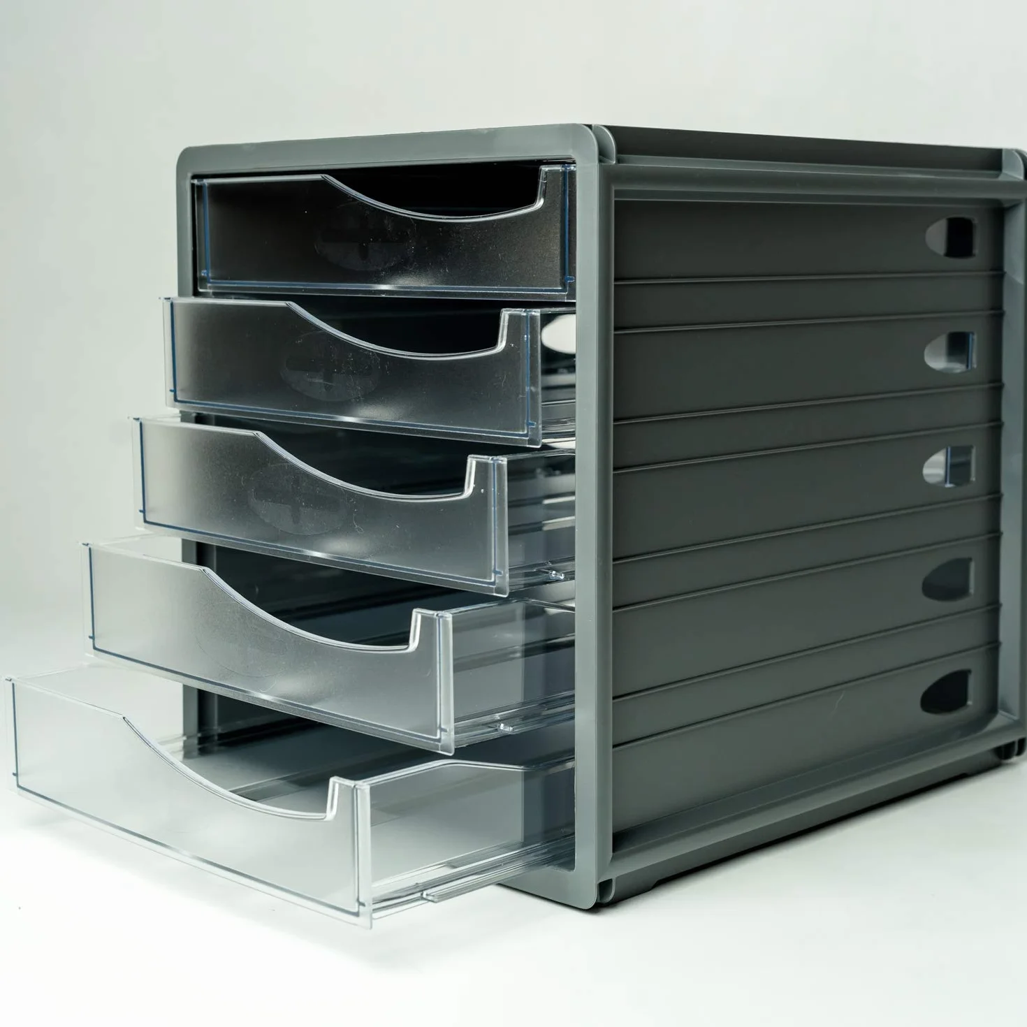 Rotho Spacemaker Cassettiera/Scatola da Ufficio con 5 Cassetti, Plastica (PS) senza BPA, Trasparente/Nero, 33.5 x 28.5 x 32.0 cm