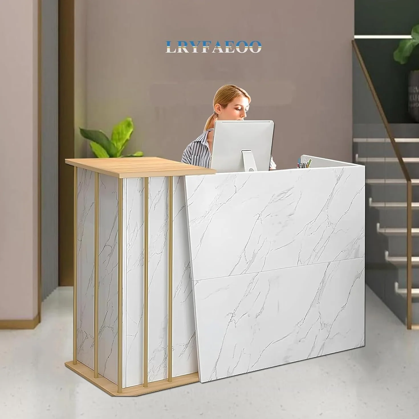 Bancone Reception Negozio, Bancone Reception Centro Estetico con Cassetti, Hotel,Bancone Reception Moderno per Supermercato Hotel Lobby Reception(Marble color,140x40x90cm)