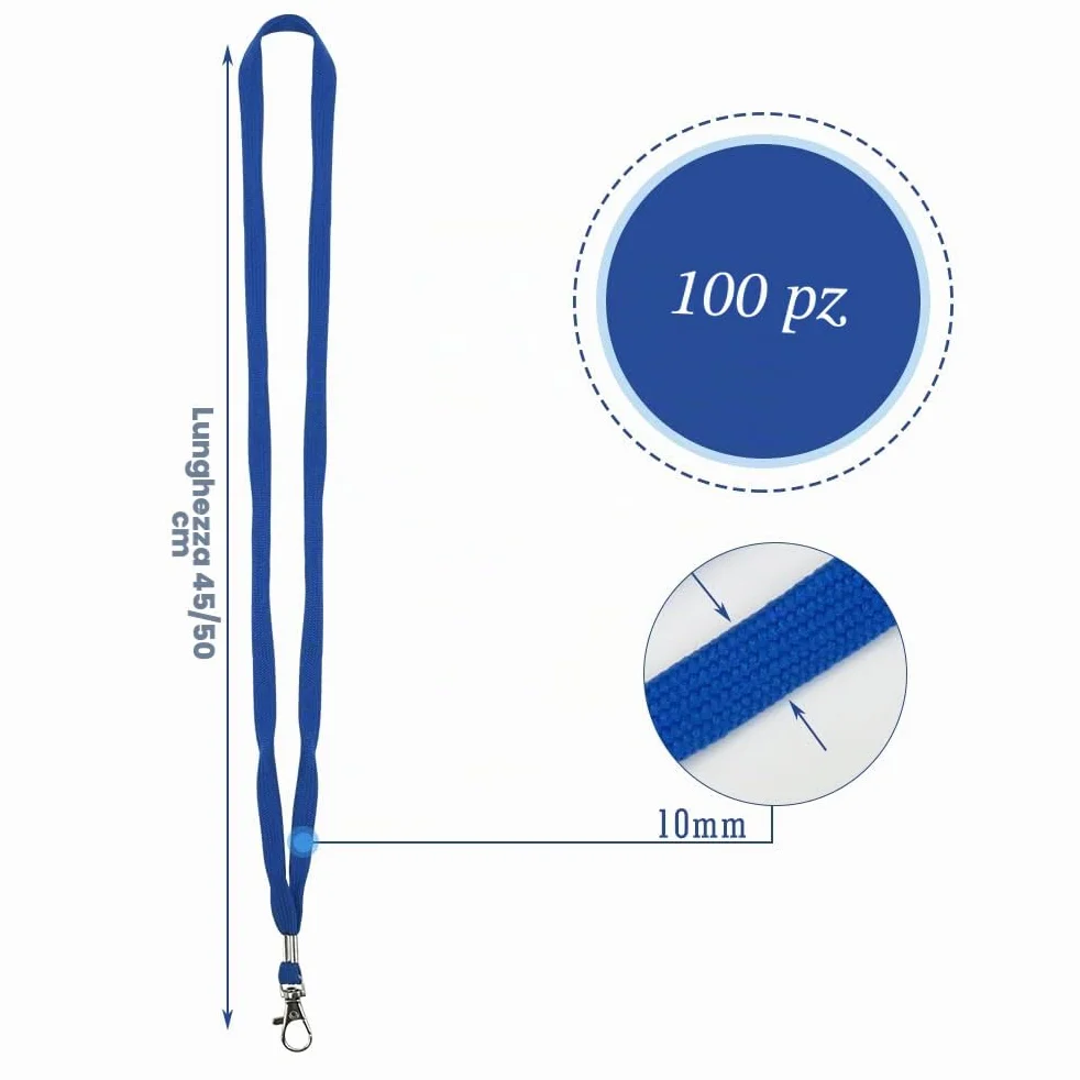 Cordino da Collo per Badge Blu 100 pezzi Laccio con Clip Lunghezza Personalizzata