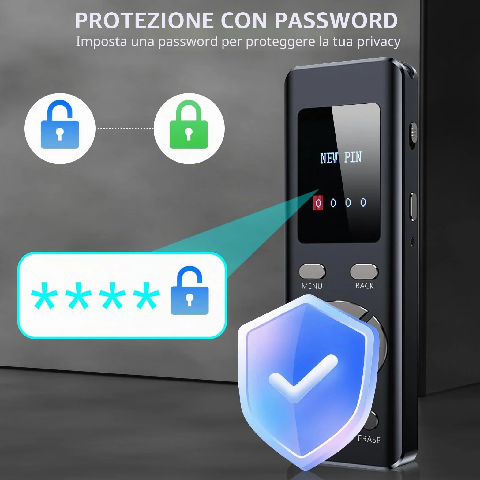 Registratore vocale digitale 64G, dittafono MP3 con funzione loop A-B, registrazione HD 1536 Kbps