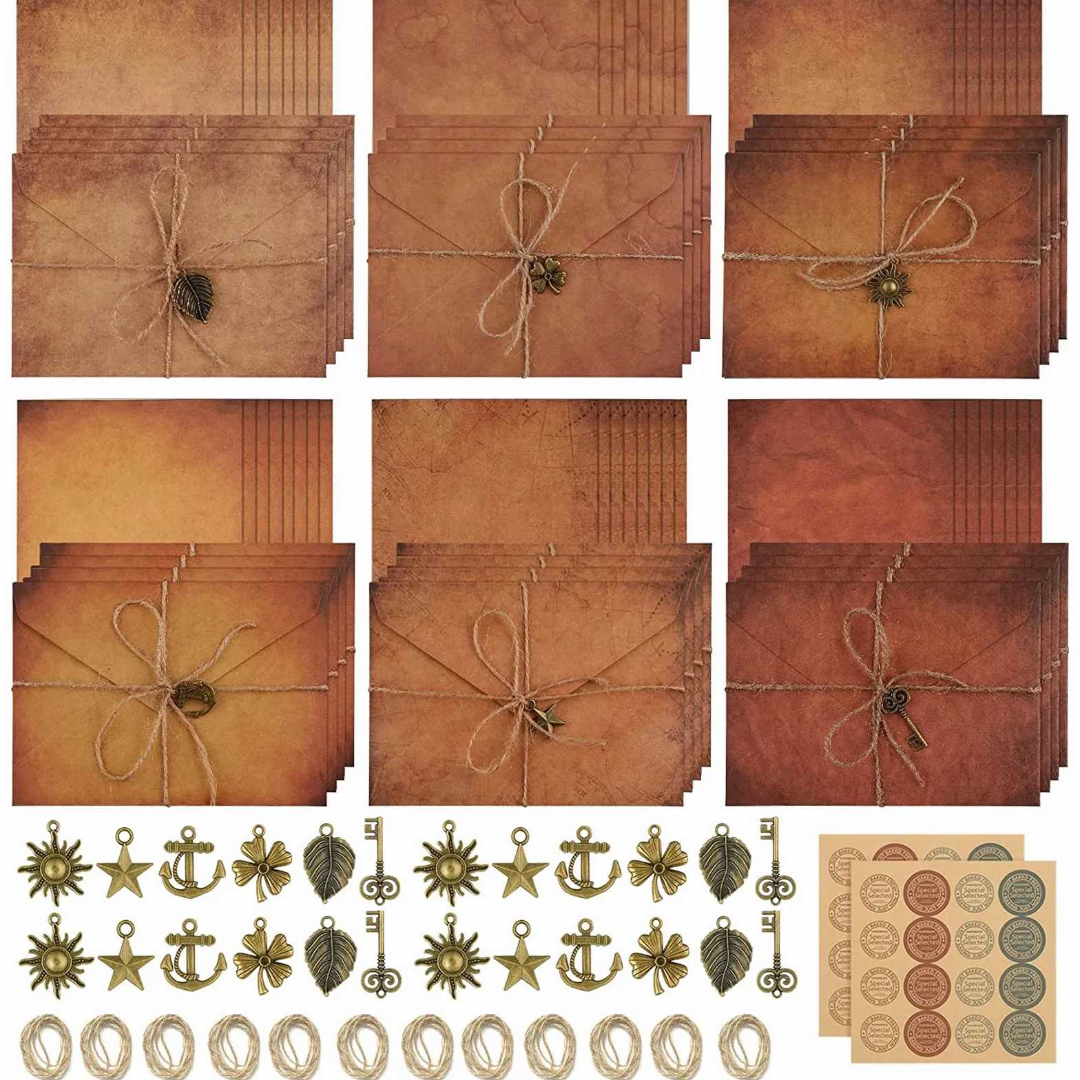 Kit Carta da Lettere Vintage con Buste Anticate, Ciondolo Metallo, Corda Canapa, Adesivi Sigillanti