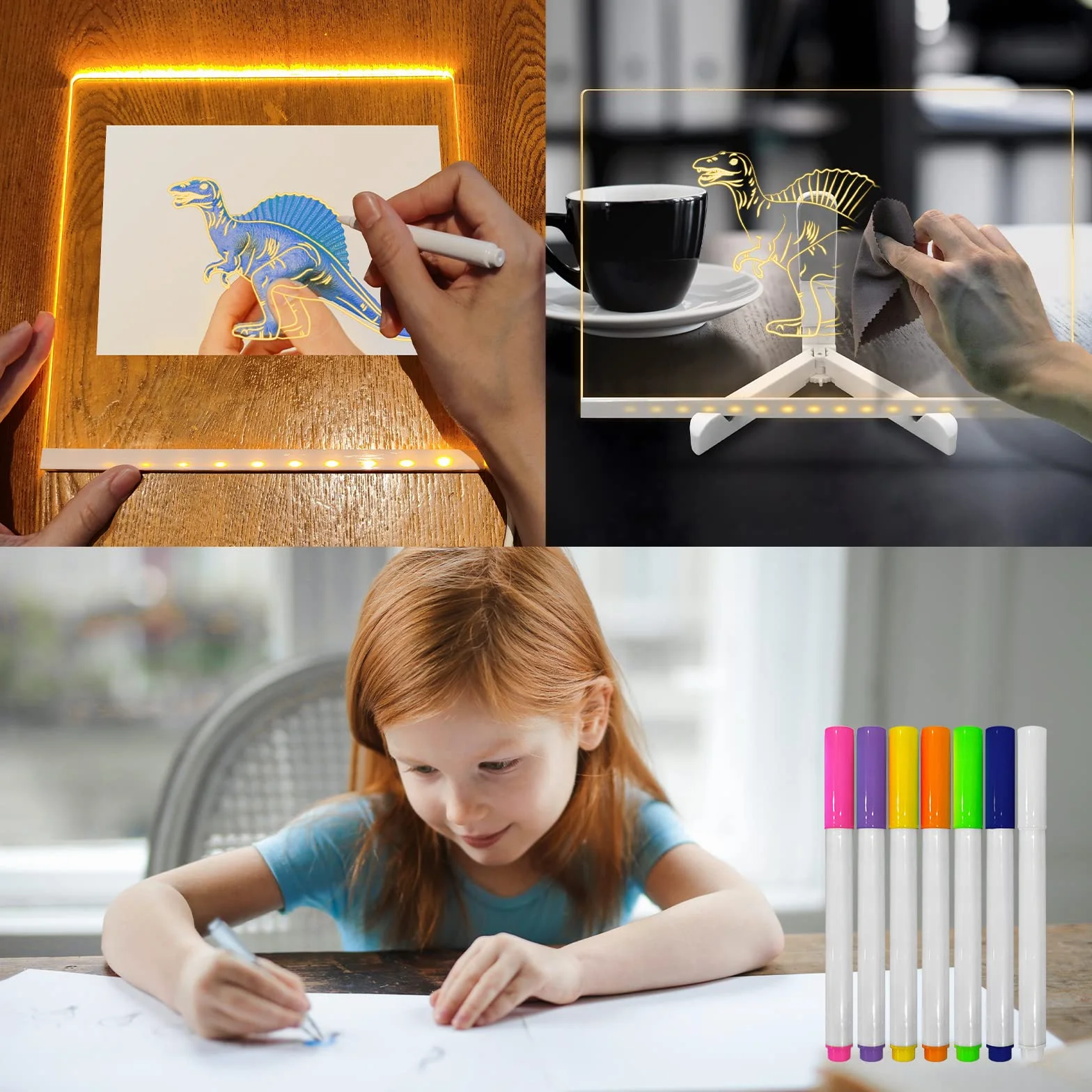 Lavagna cancellabile a secco in acrilico Laysinly con supporto luminoso, lavagna bianca trasparente 30 x 20 CM, scrivania a LED, lavagna a LED con luce calda a LED，7 pennarello colore