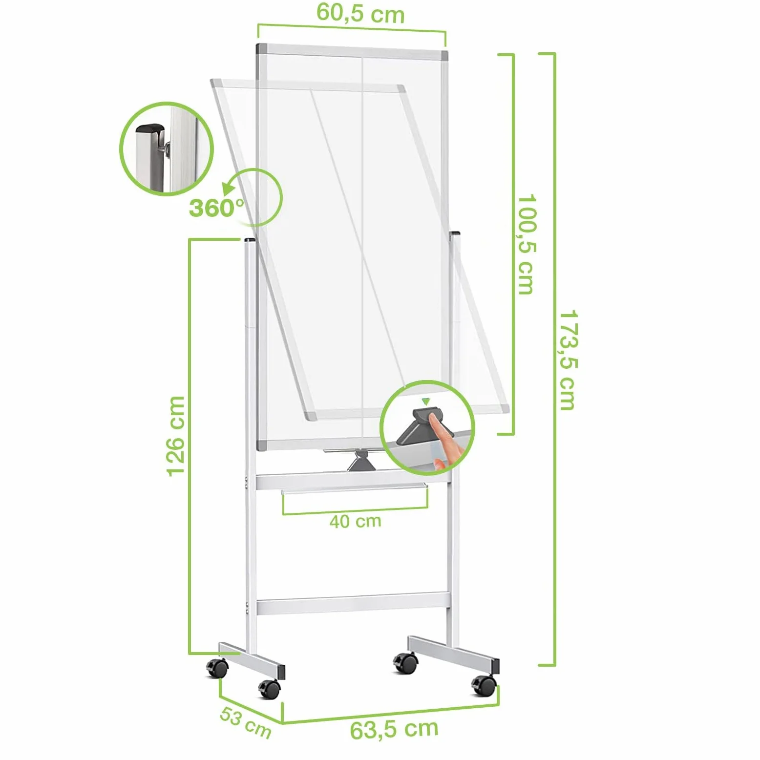 Techly 367690 Lavagna Magnetica Bifacciale 60x100 cm con Ruote e Mensola per Pennarelli con Ganci Portablocco