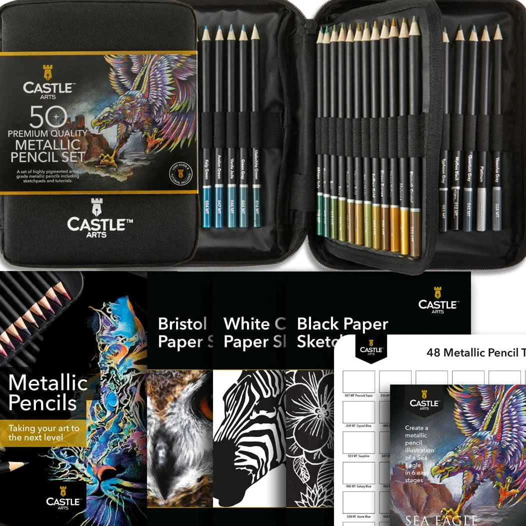 Castle Art Supplies Set di 48 Matite Metalliche Colorate Con Extra | Anime in Cera con Tonalità Scintillanti per Professionisti, Artisti Adulti e Coloristi | In Solida Custodia Cernierata da Viaggio