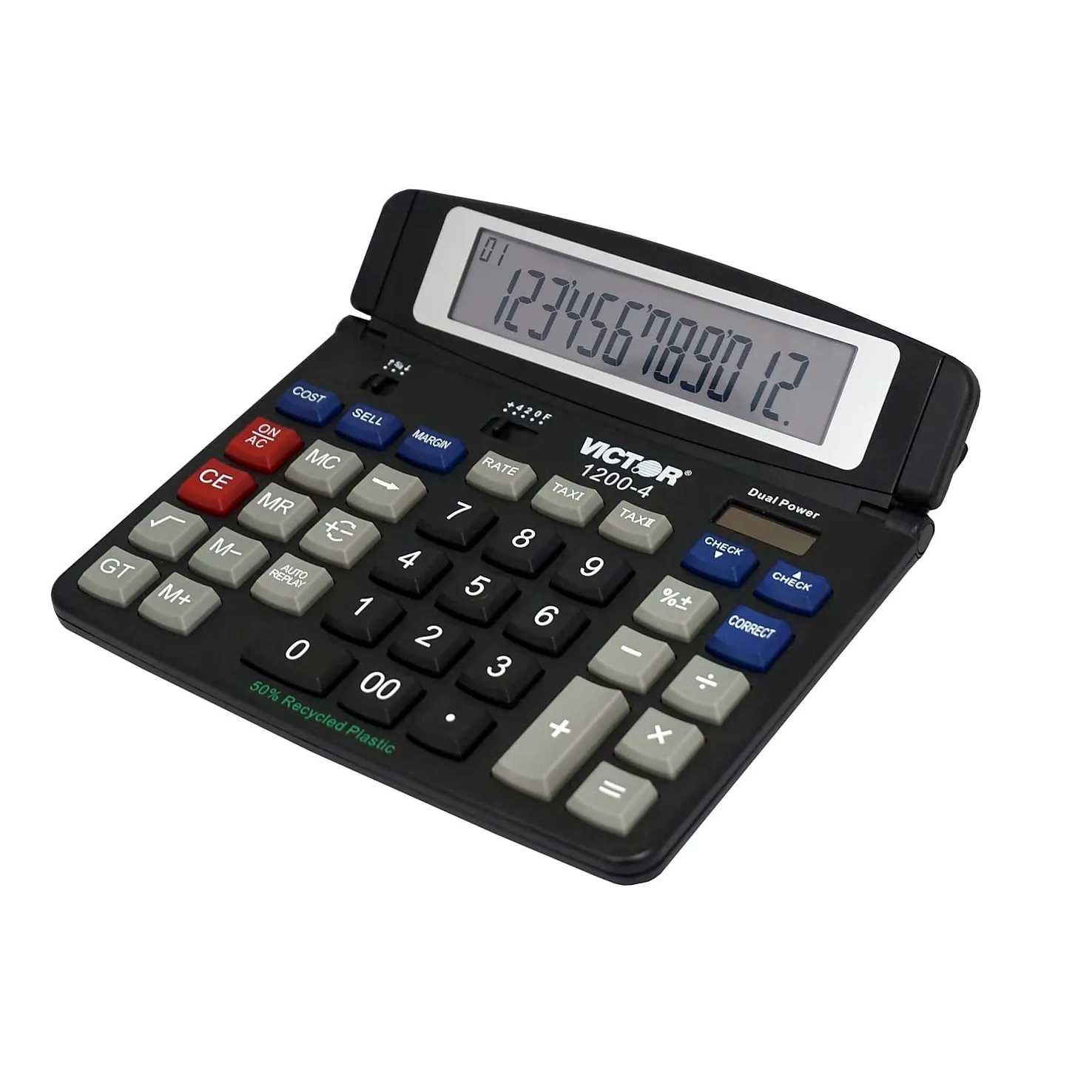 Victor 1200-4 12 cifre grande calcolatrice professionale da tavolo, batteria e display LCD ad energia solare ibrido, ideale per uso domestico e ufficio, nero