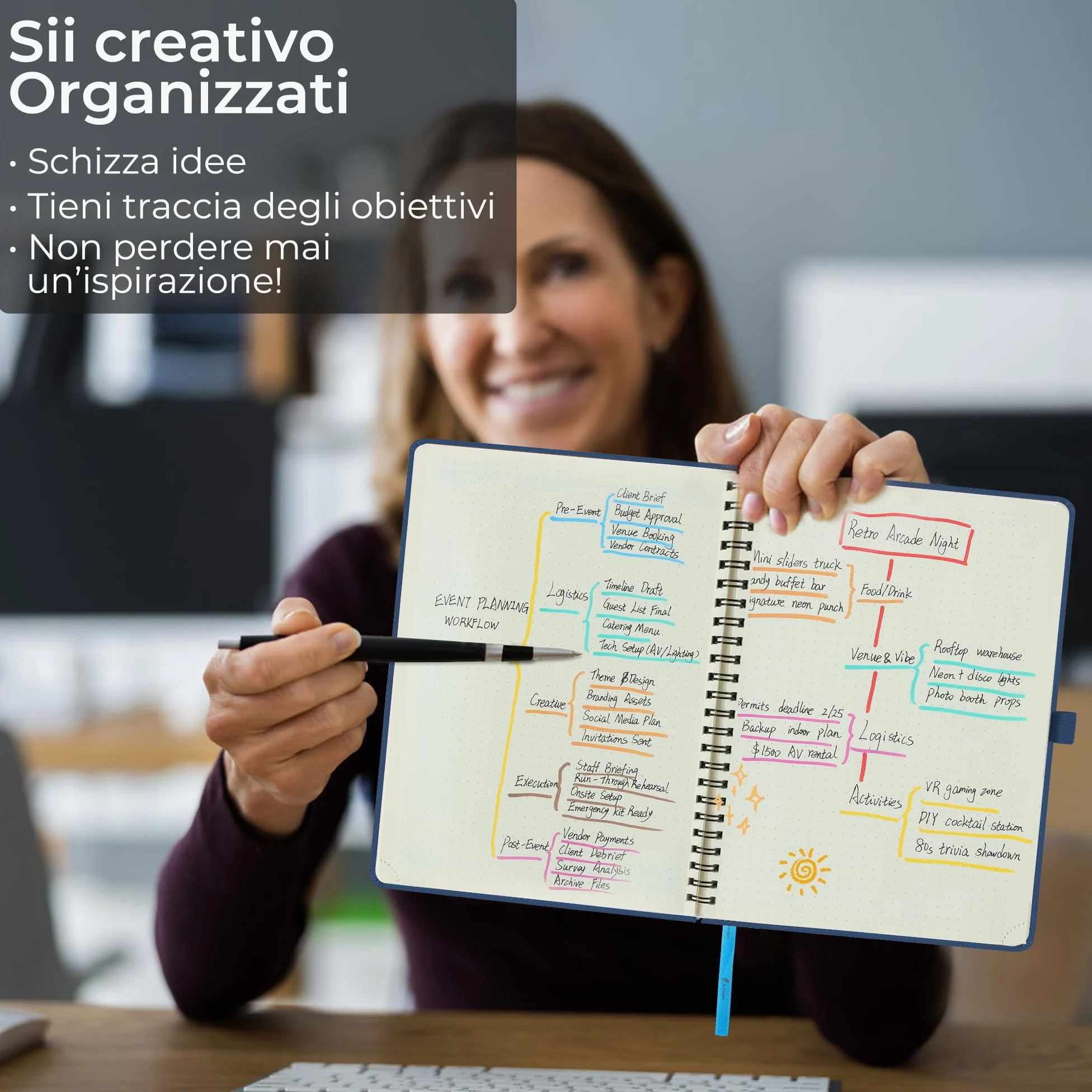 Agenda 2026 A4: Diario ad anelli 29x21,7 cm, Pianificatore settimanale & giornaliero, 12 mesi Gen–Dic, carta 100 g/m², pelle PU Blu marino