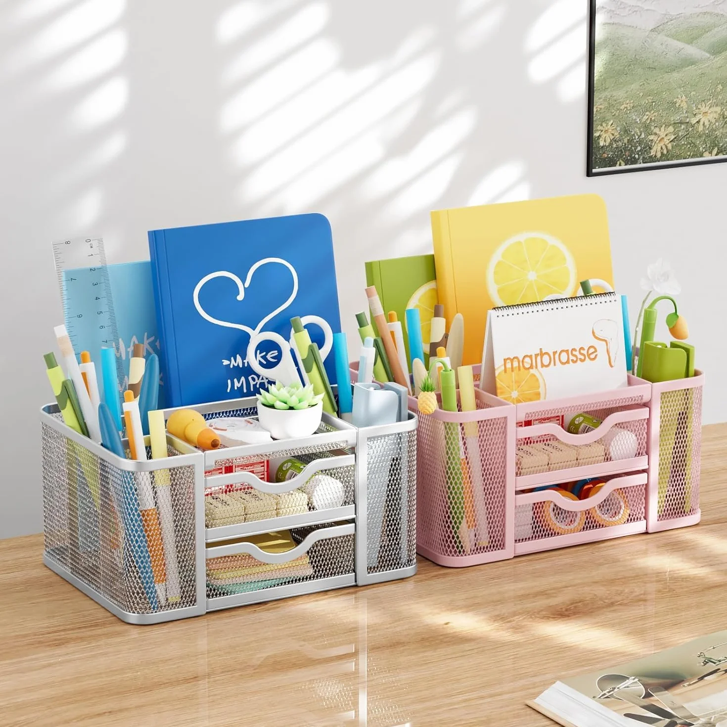 Marbrasse Organizer Scrivania con Cassetti, Porta Penne da Scrivania in Rete Metal, Rosa