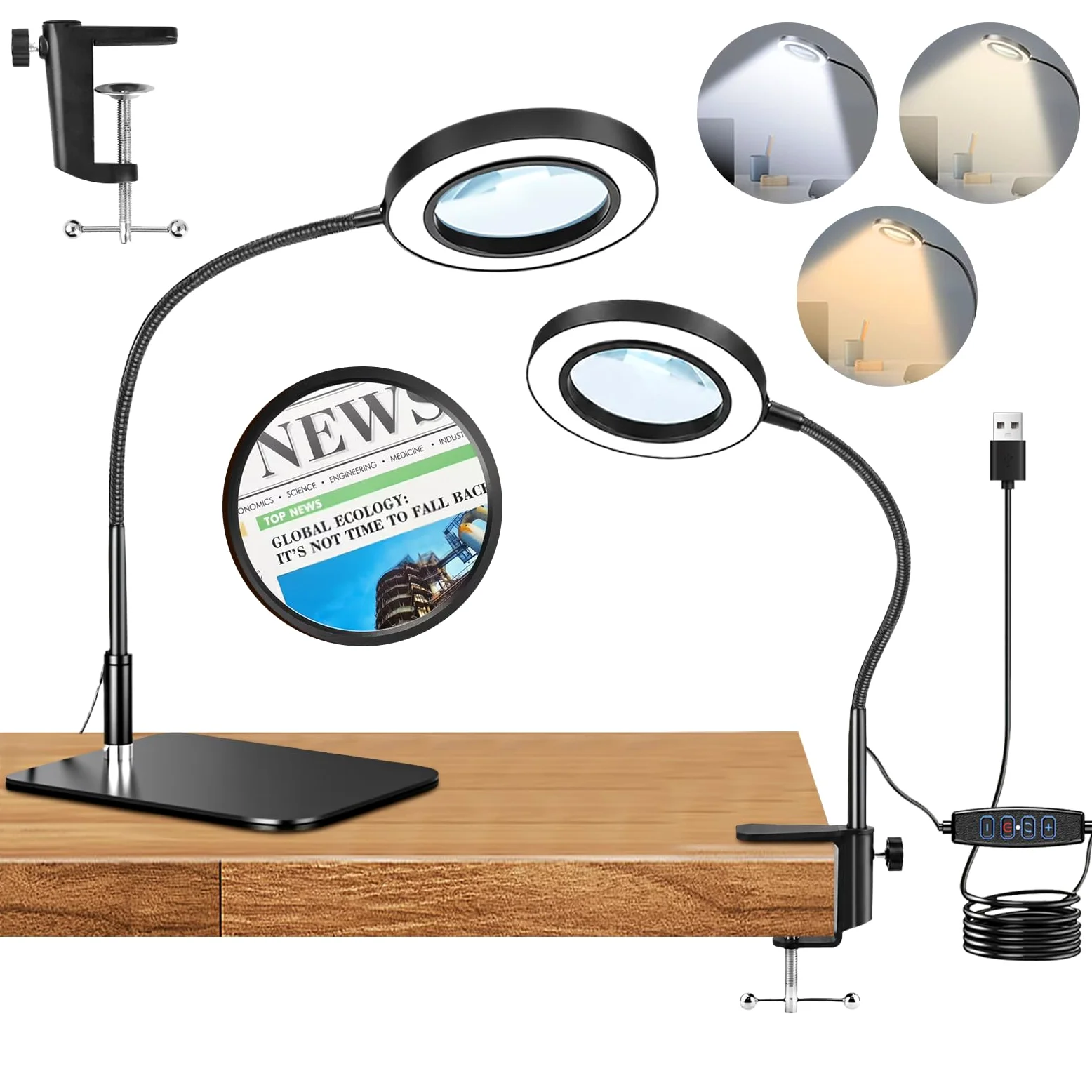 10X Lampada con Lente di Ingrandimento con Luce e Supporto 2 in 1 (Base e Morsetto), 3 Modalità Colore e 9 Luminosità, Lente Ingrandimento con Luce per Lettura Riparazione Artigianato (2 in 1)