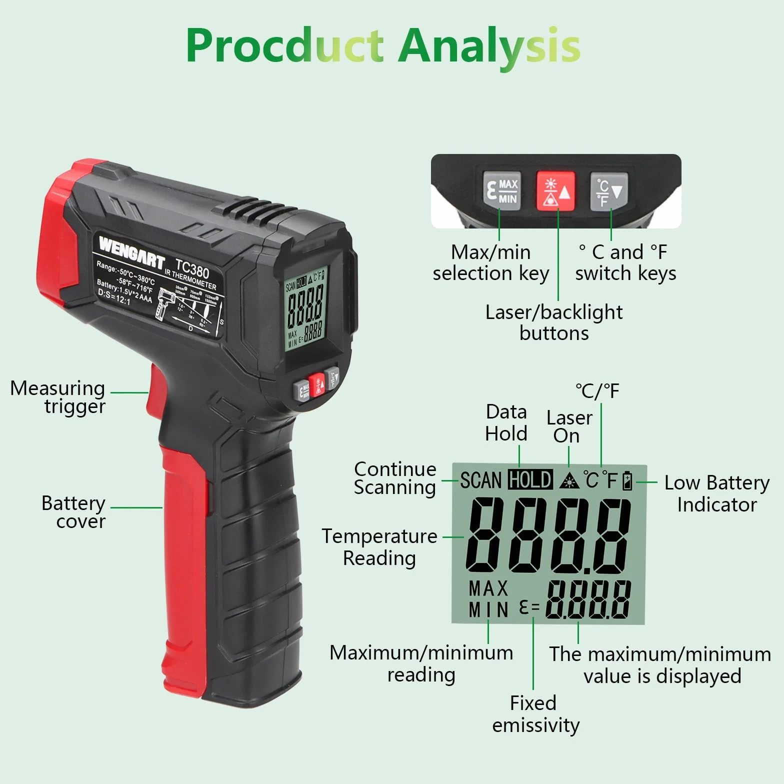 Wengart Termometro a infrarossi WG380 -30°C a 380°C laser portatile senza contatto