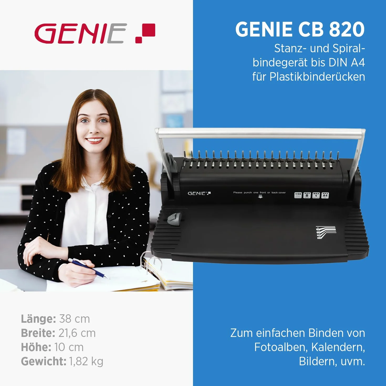 GENIE CB 820 - Rilegatrice a spirale, 38 cm, con 20 rilegatrici, rilegatura a spirale fino a 150 fogli, con funzione di punzonatura per 8 fogli, rilegatura a spirale per scuola, ufficio e casa