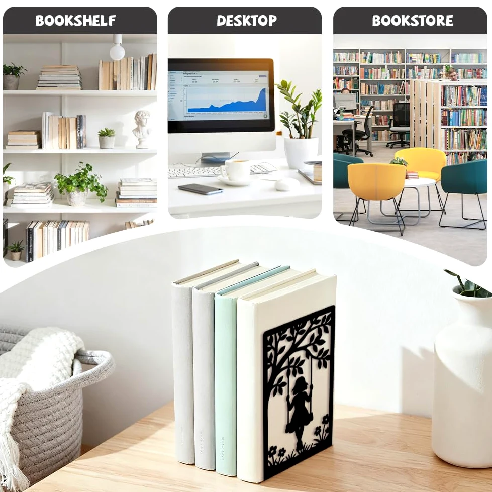 Peacoblue Fermalibri in metallo per scaffali, fermalibri moderni decorativi resistenti, per scrivania da ufficio, stanza 11,9 x 8,9 x 18 cm, fermalibri alti in ghisa, 1 paio (ragazza sull'altalena