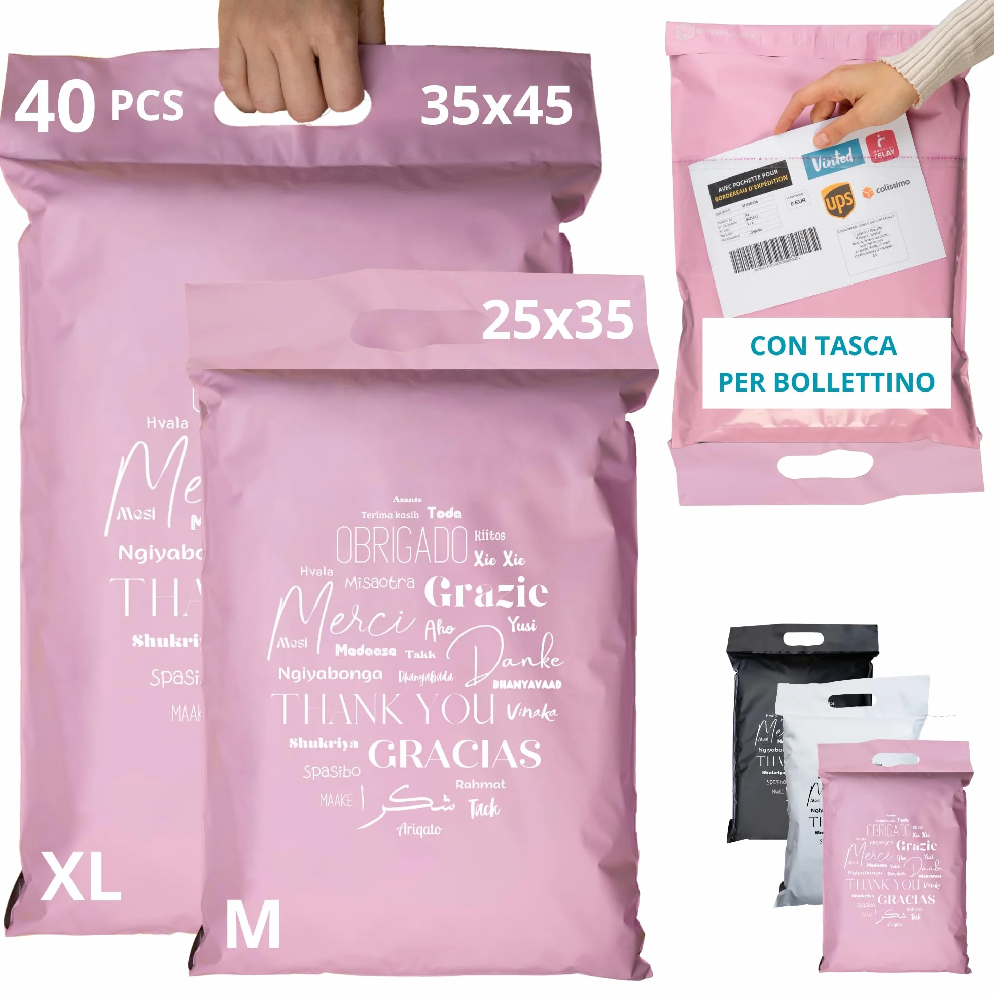 Sacchetti Spedizione in Plastica 40 Buste per Spedizioni Vinted con Tasca per Bollettino 2 Taglie M/XL Non Trasparenti Ultra-Resistenti Pochette Postali con Maniglia