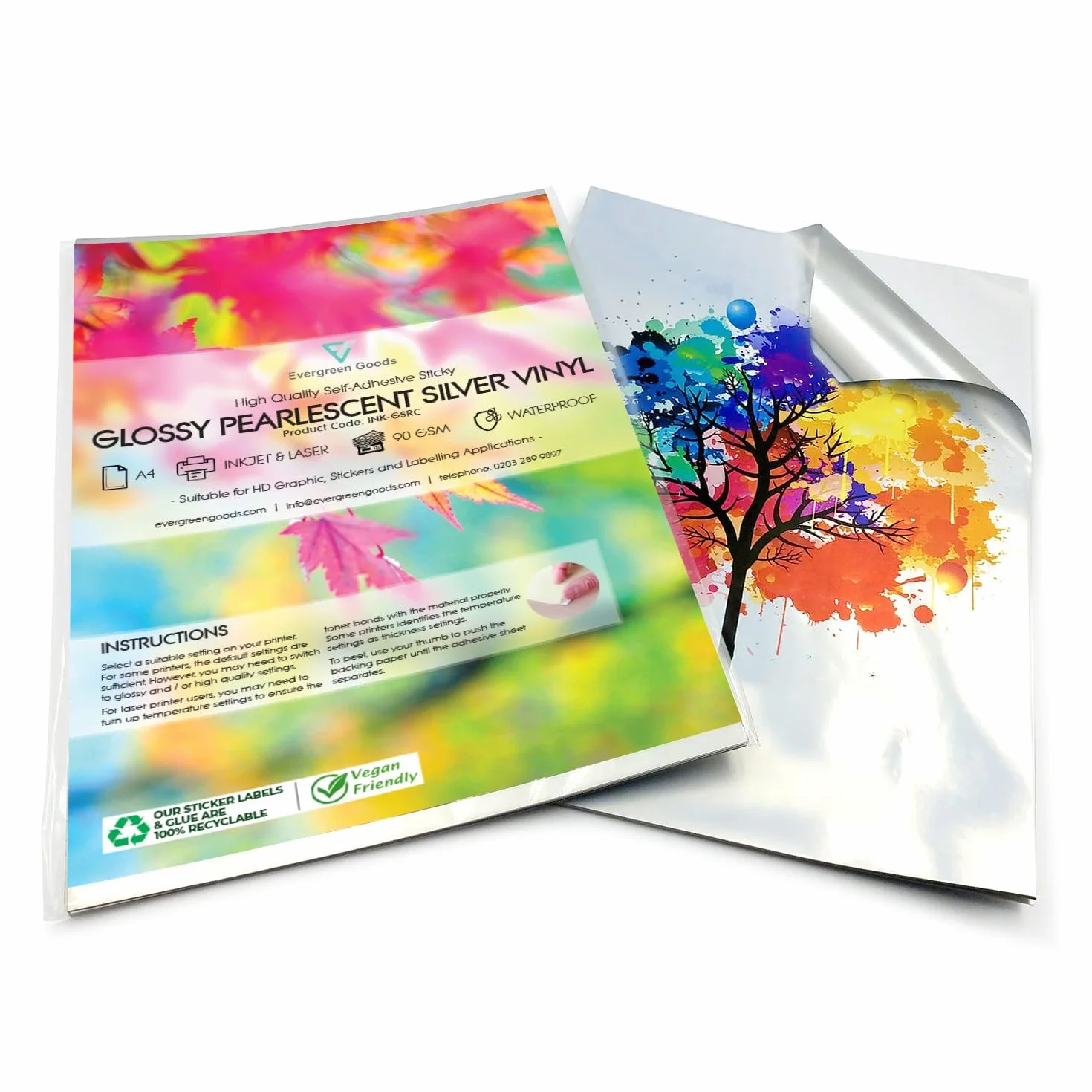 Evergreen Goods Ltd 10 fogli A4 impermeabile lucido metallico perla argento Vinyl Sticker Sheets stampabile Inkjet laser