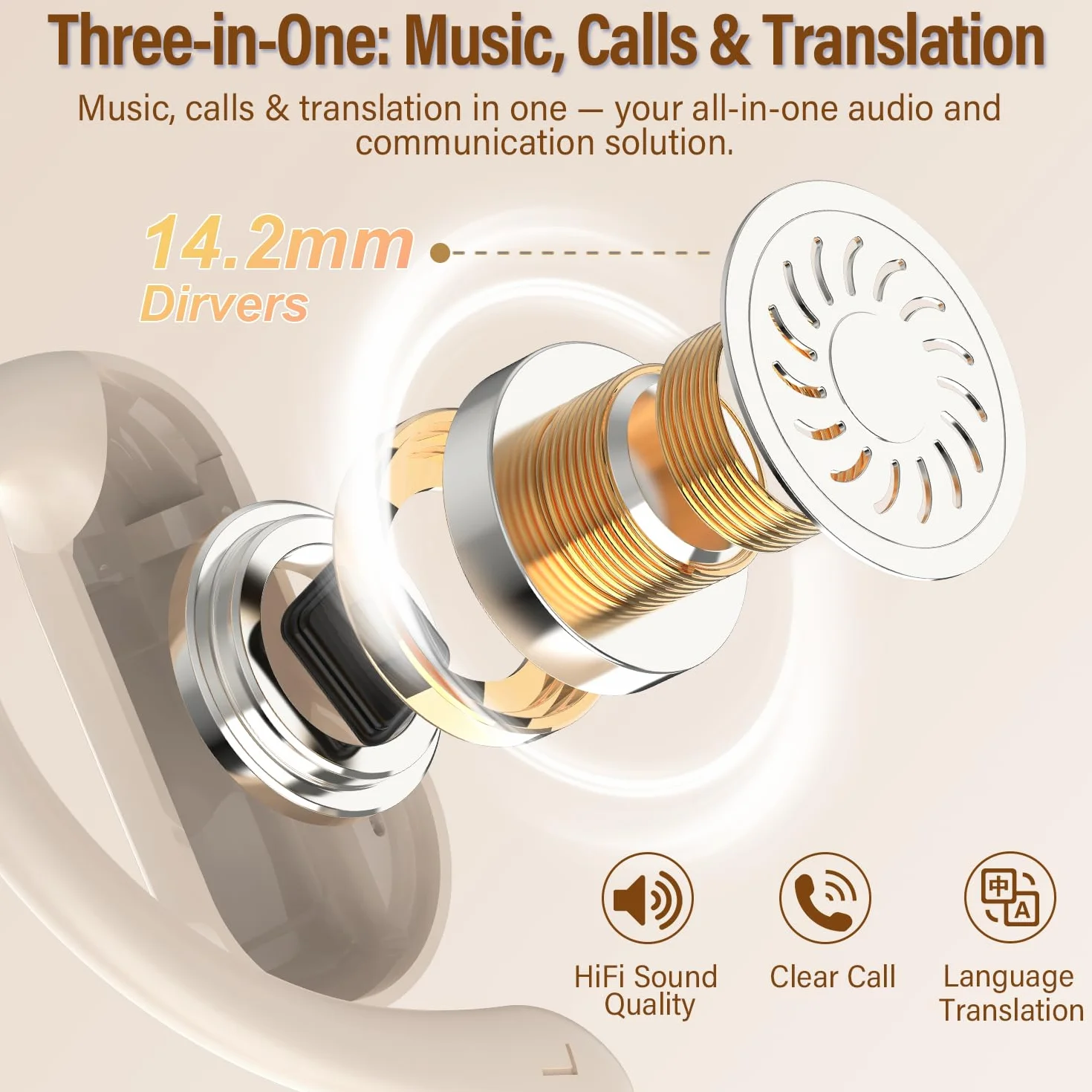 AI Cuffie Traduzione Simultanea, 3-in-1 Bluetooth 5.4 Cuffie Traduzione con 165 Lingue/8 Modalità, 42 Ore Open Ear Auricolari Bluetooth con APP e Codice Autorizz Permanente per Viaggi/Affari, Bianco