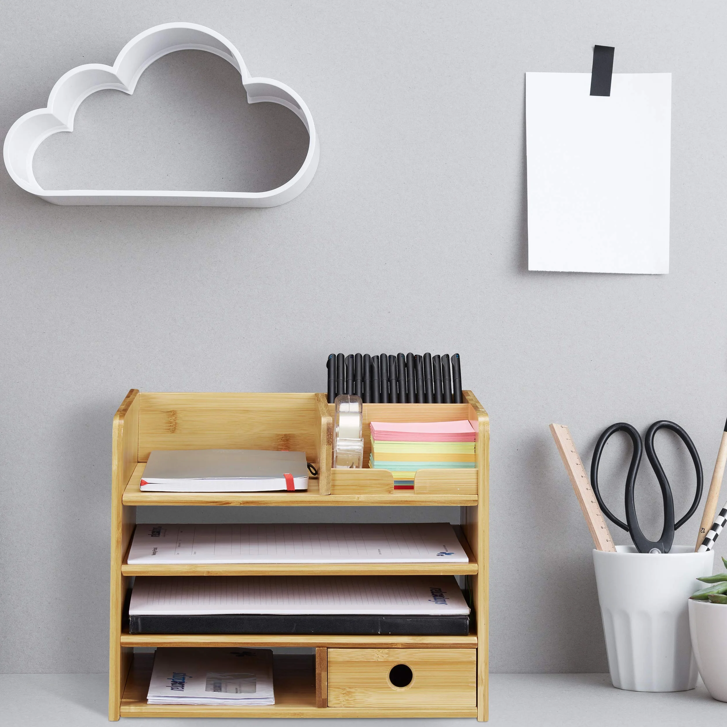 Relaxdays Portaoggetti da Scrivania, Portalettere A4, Desk Organizer per Penne e Blocco Appunti, Organizzatore, bambù, Naturale, 26 x 33 x 24 cm