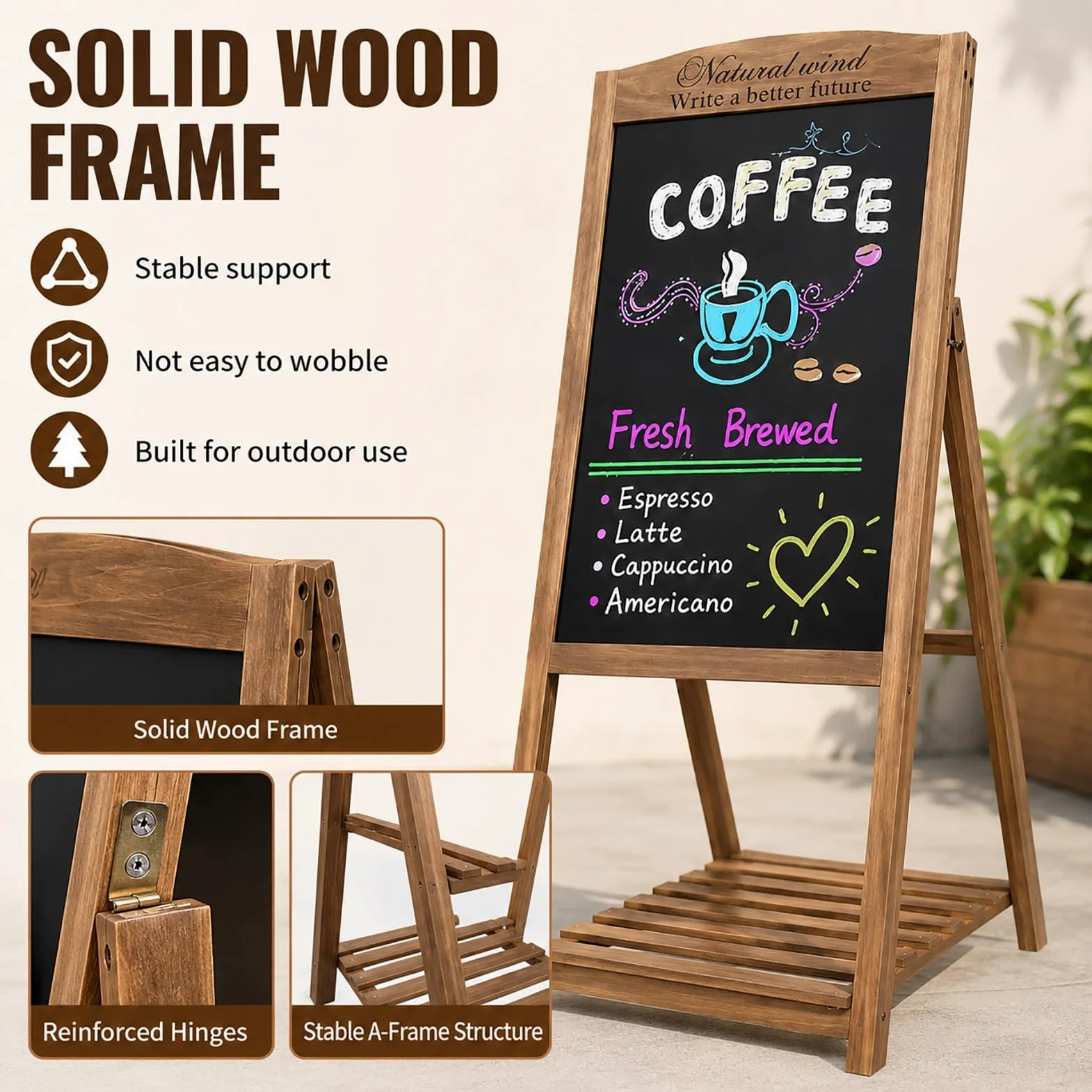 Lavagna Cavalletto Portatile, Lavagna Pubblicitaria in Legno con Ripiano | Espositore, Disponibile in Vari Colori e Dimensioni, Illuminato per Ristoranti, Bar, Matrimoni(Brown,53x137CM/21x54IN)