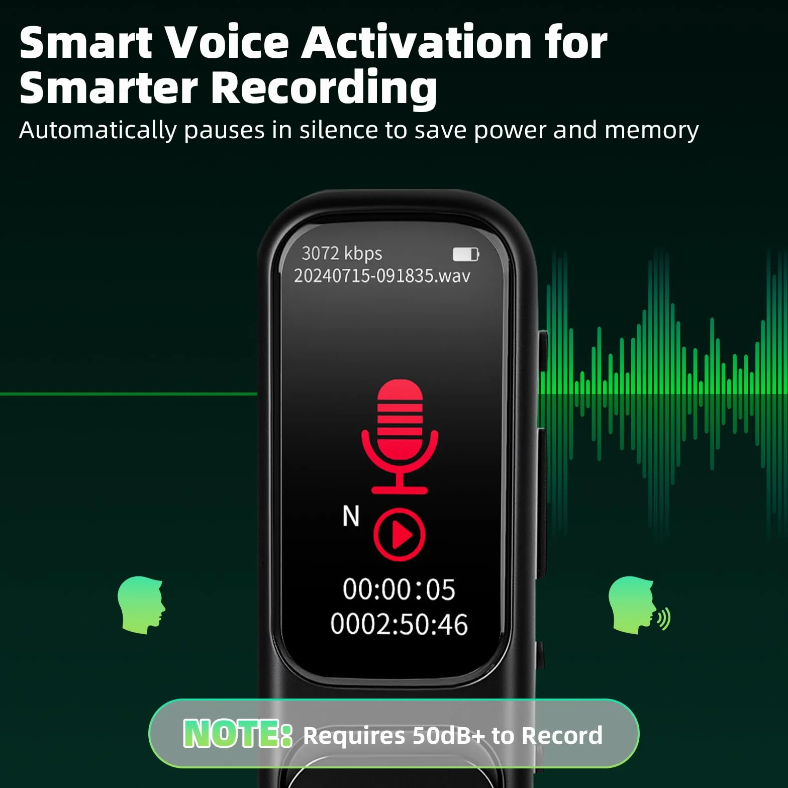 64GB Registratore Vocale Professionale - 3072kpbs Registratori Vocali Digitali Portatile con Attivazione Vocale, Registratore Audio per Chiamate Riunioni Lezioni Colloqui
