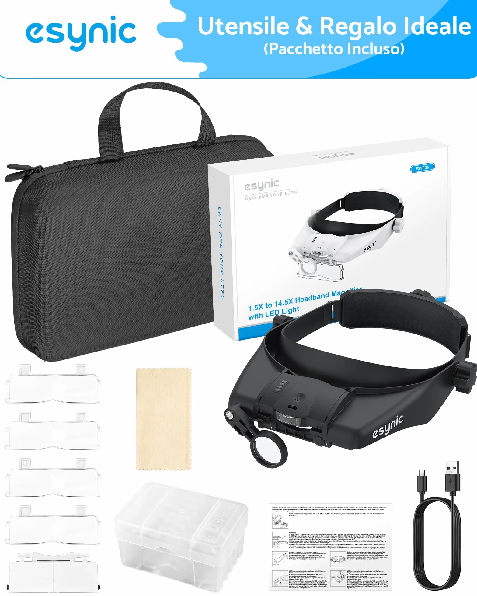 eSynic Lente di Ingrandimento Frontale a 2 LED Luce Regolabile, con 5 Lenti 1.5-3.5X + 8X Fino a 13X e Custodia Zip, Lente d'Ingrandimento a Testa Ricaricabile per Ricamo Lettura Riparazione - Nero