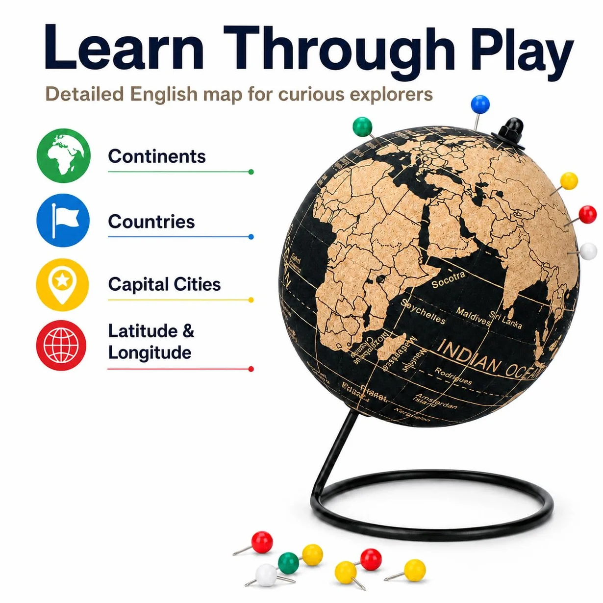 EXERZ Mappamondi in Sughero Naturale 14 cm con 12 Spilli Inclusi – Globo Educativo per Viaggi, Avventure e Pianificazione di Vacanze