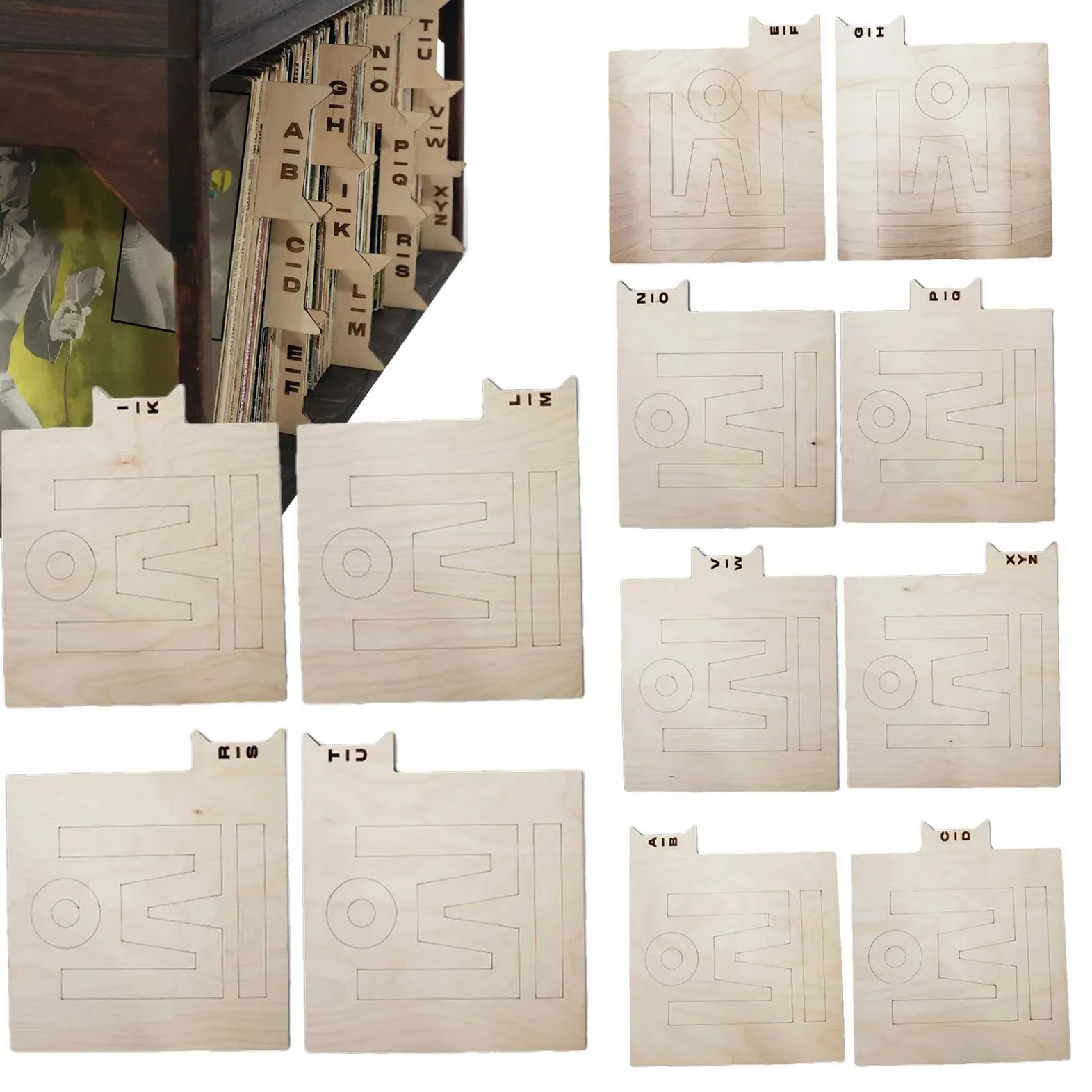 Divisori per registri, divisori per registri, divisori per registri, organizzatori di archiviazione in legno su un lato, supporto alfabetico per registri dalla A alla Z