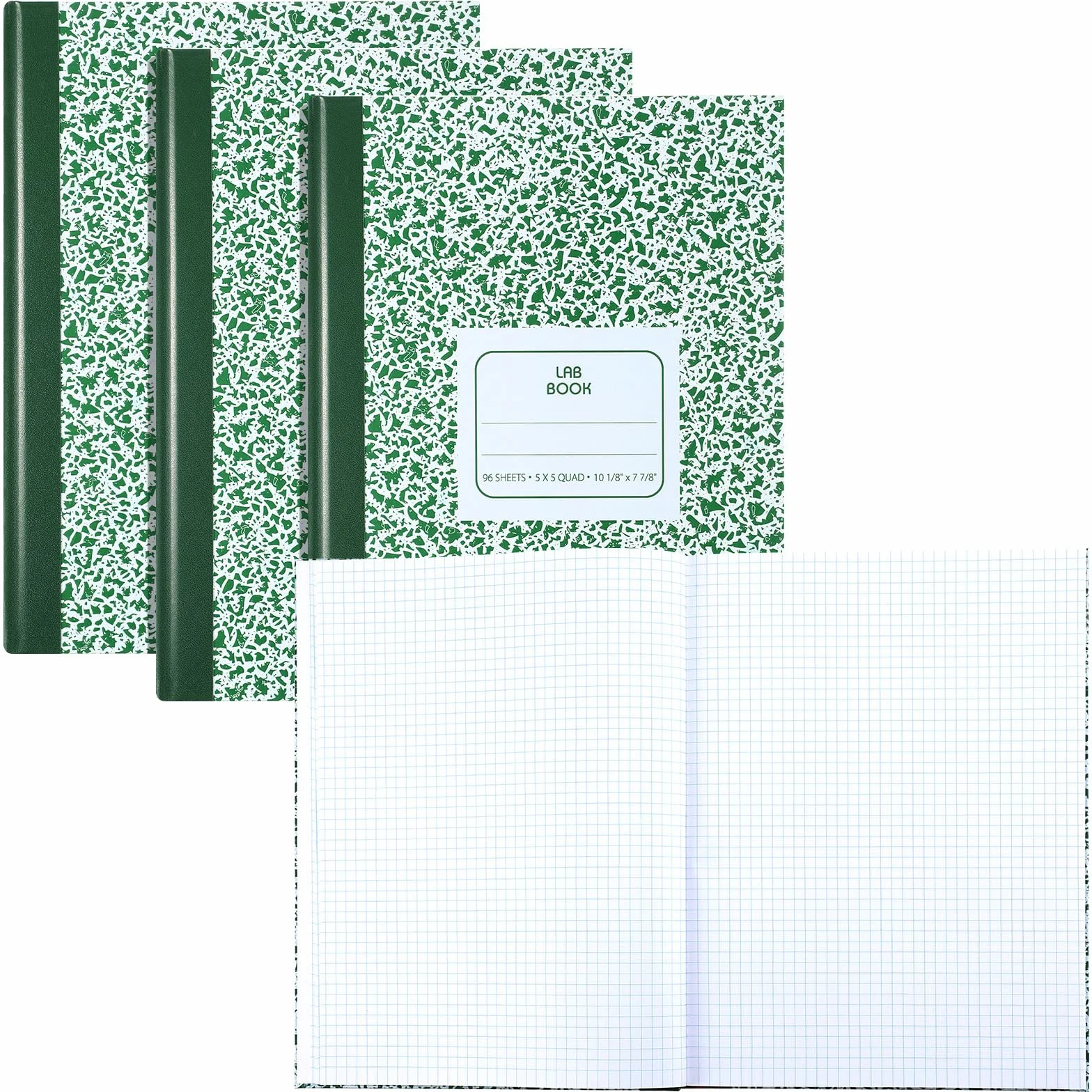 Humyoun National Lab - Confezione da 3 quaderni in carta a quadretti con copertina in marmo verde, riga quadrille, 26 x 20 cm, 96 fogli