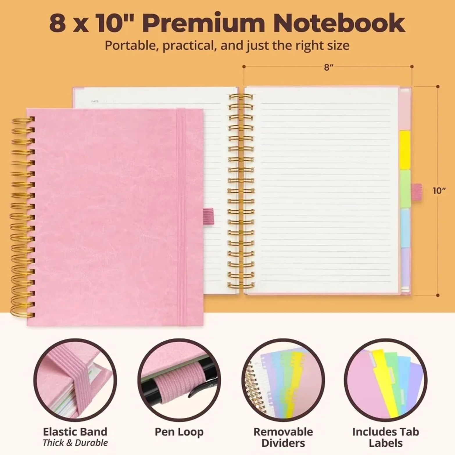 Taccuino foderato in pelle con copertina rigida 8x10. | 300 pagine, 5 soggetti, divisori rimovibili, rosa