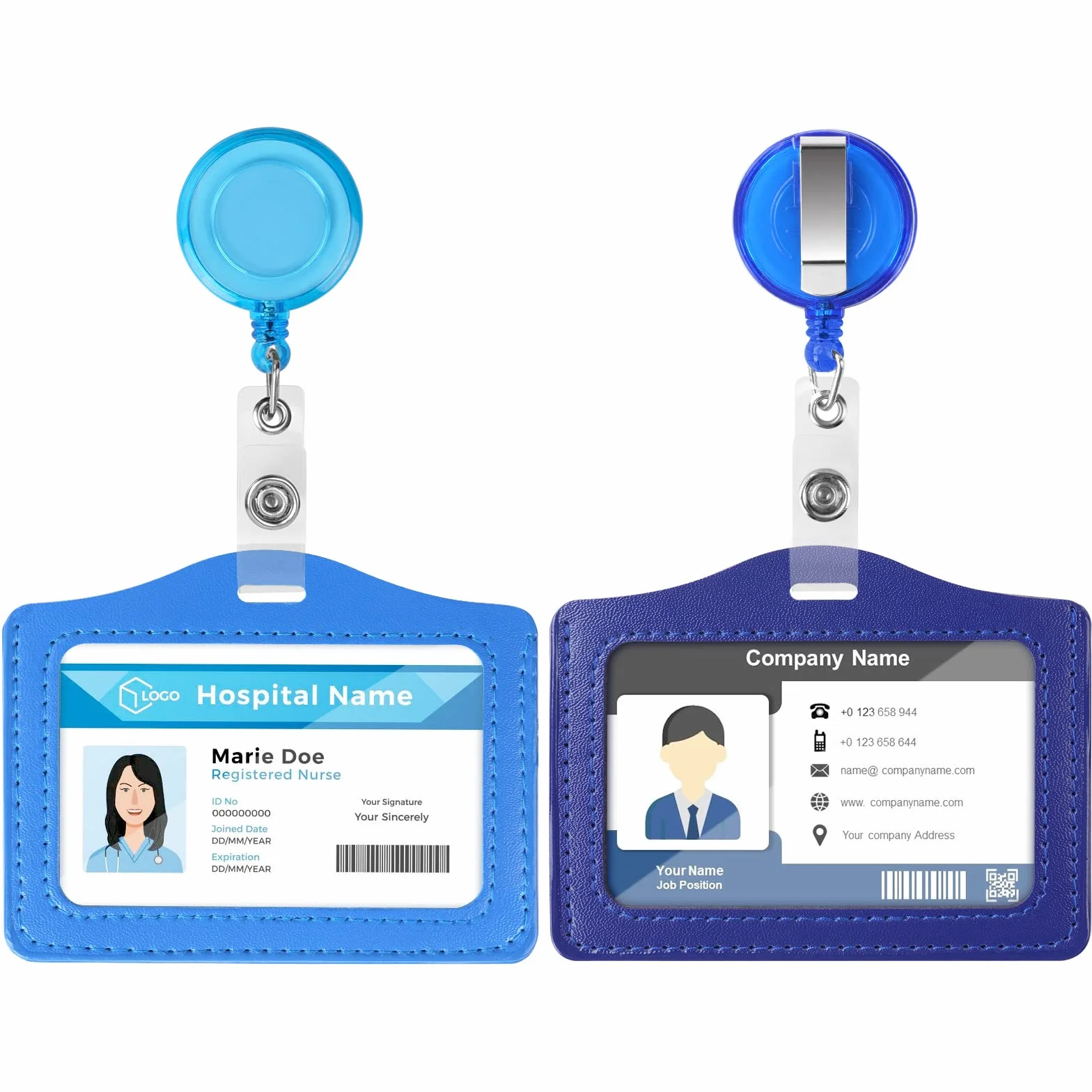 Vicloon Porta Badge, 2pcs Porta Badge Identificativo, PU Colorato Orizzontale Retrattile in Pelle con Clip per Ufficio, Carta Identità, Pass Bus (Azzurro & Blu Scuro)